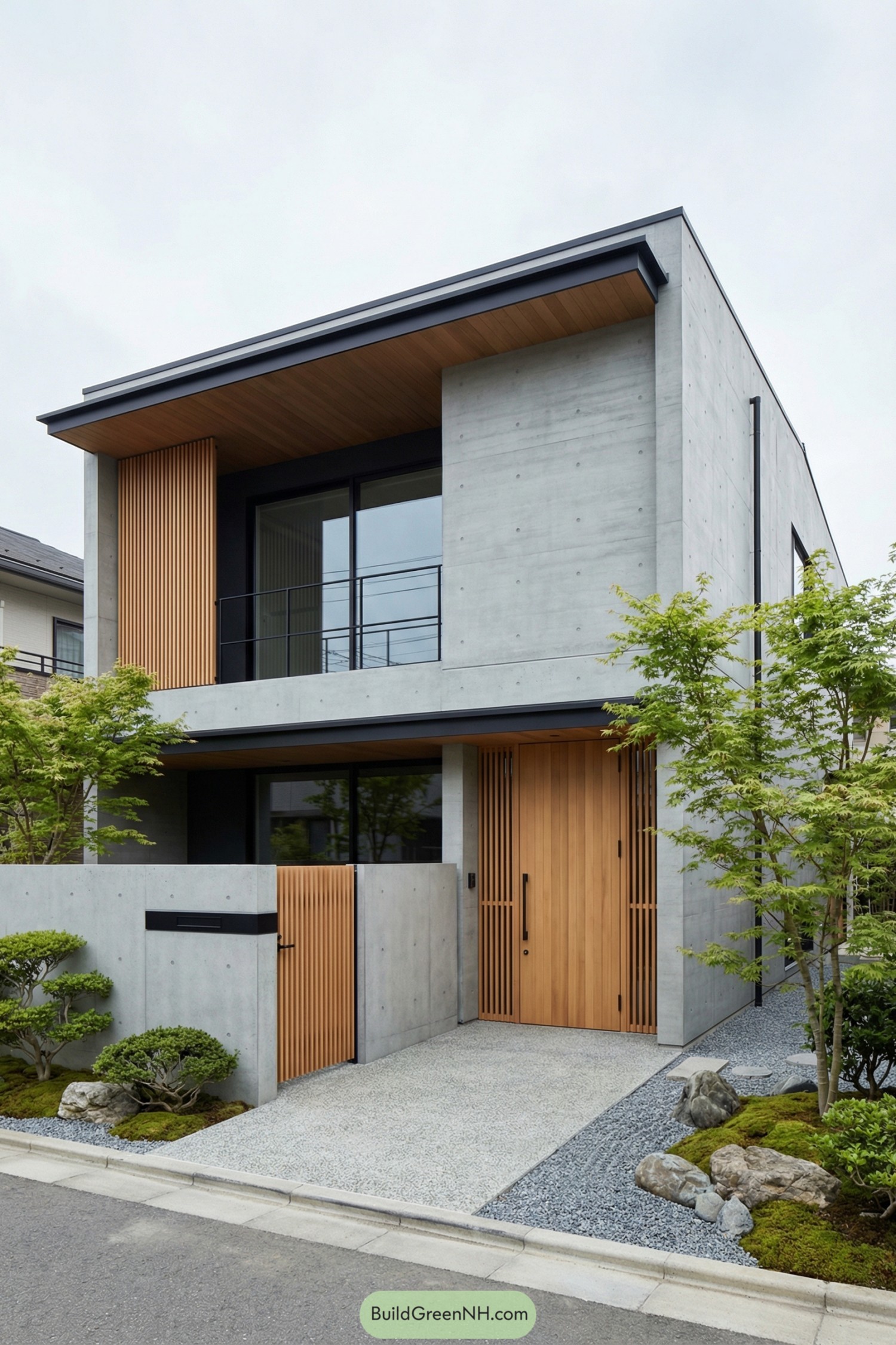 Modern zen concrete house with wood slats and garden