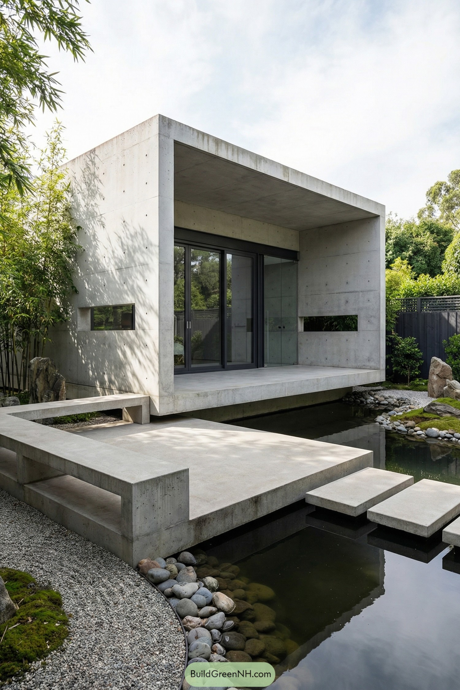 Minimalist concrete pavilion over koi pond