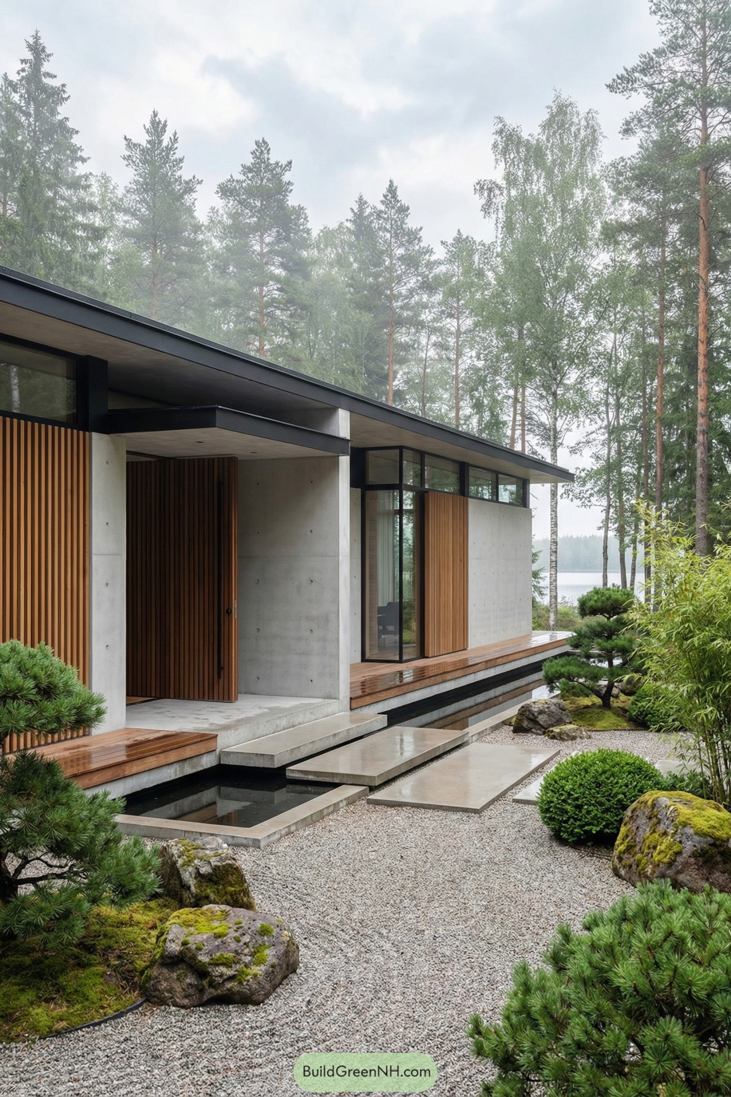 Minimalist concrete house with wood slats and reflecting pond