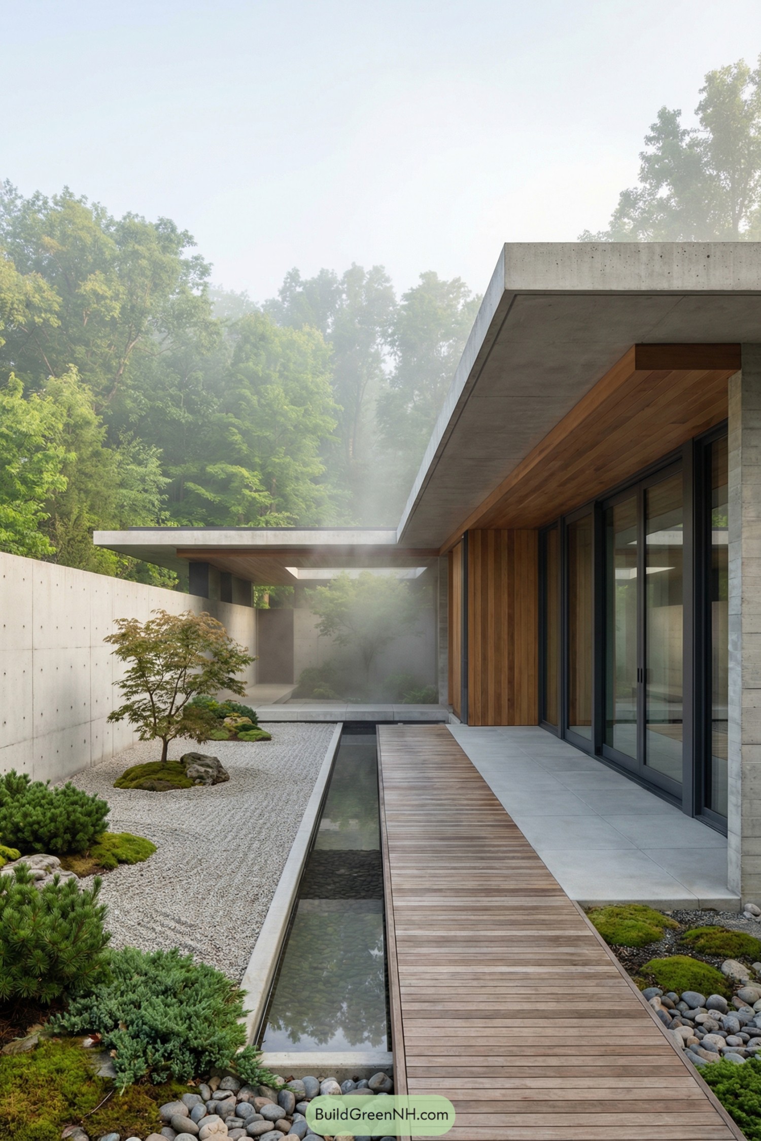 Minimalist concrete home with wood cladding and zen garden courtyard featuring a narrow reflecting rill and gravel