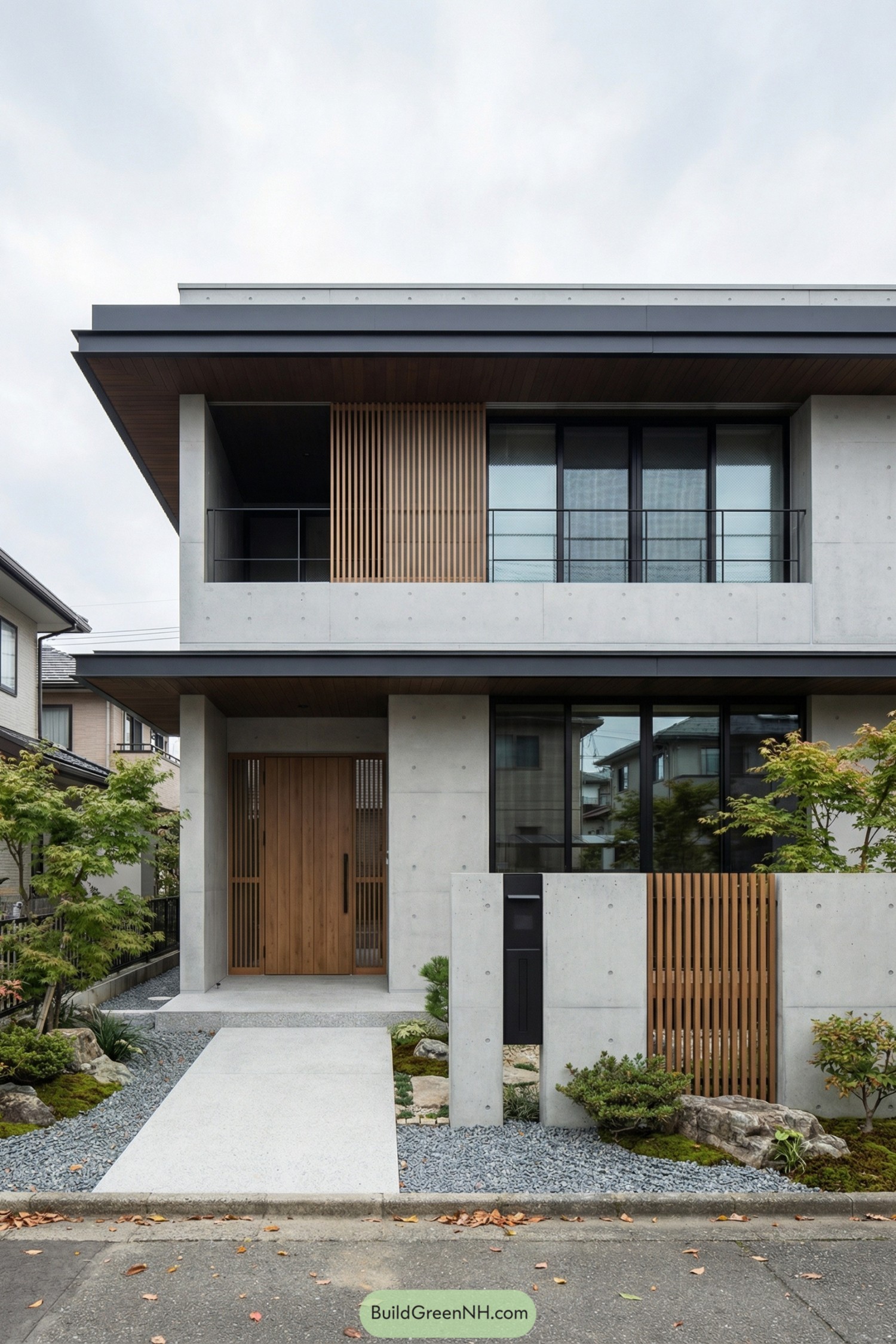Two-story zen concrete house with wood slats and minimal garden