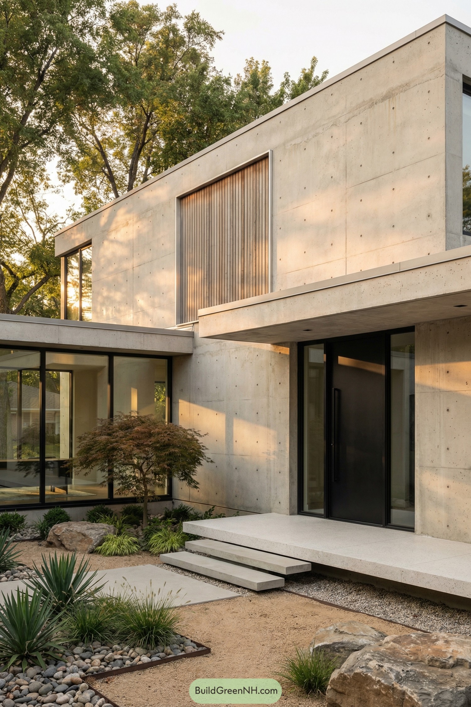 Minimalist concrete home with glass walls and a sandy zen garden