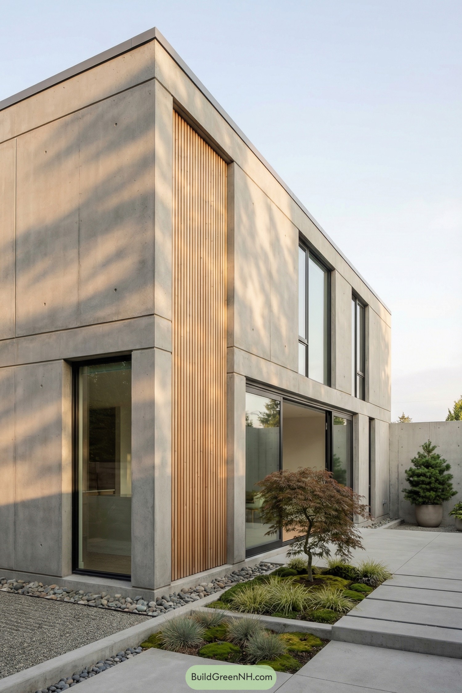 Minimalist concrete home with wood slats and zen courtyard