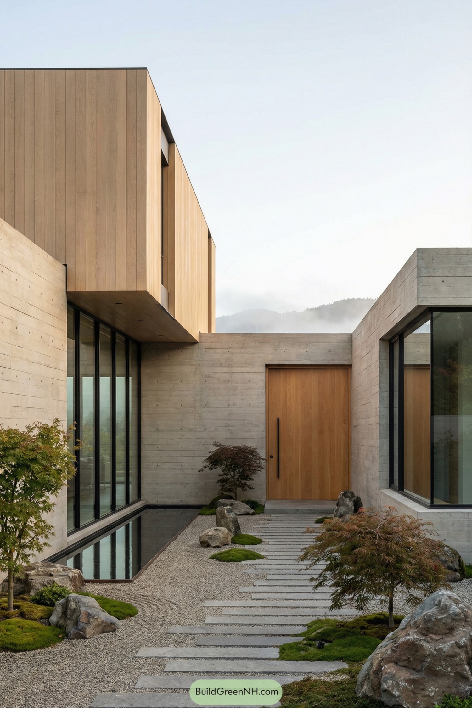 Minimalist concrete and wood courtyard with gravel path, moss, stones, and reflecting pool leading to a wooden door