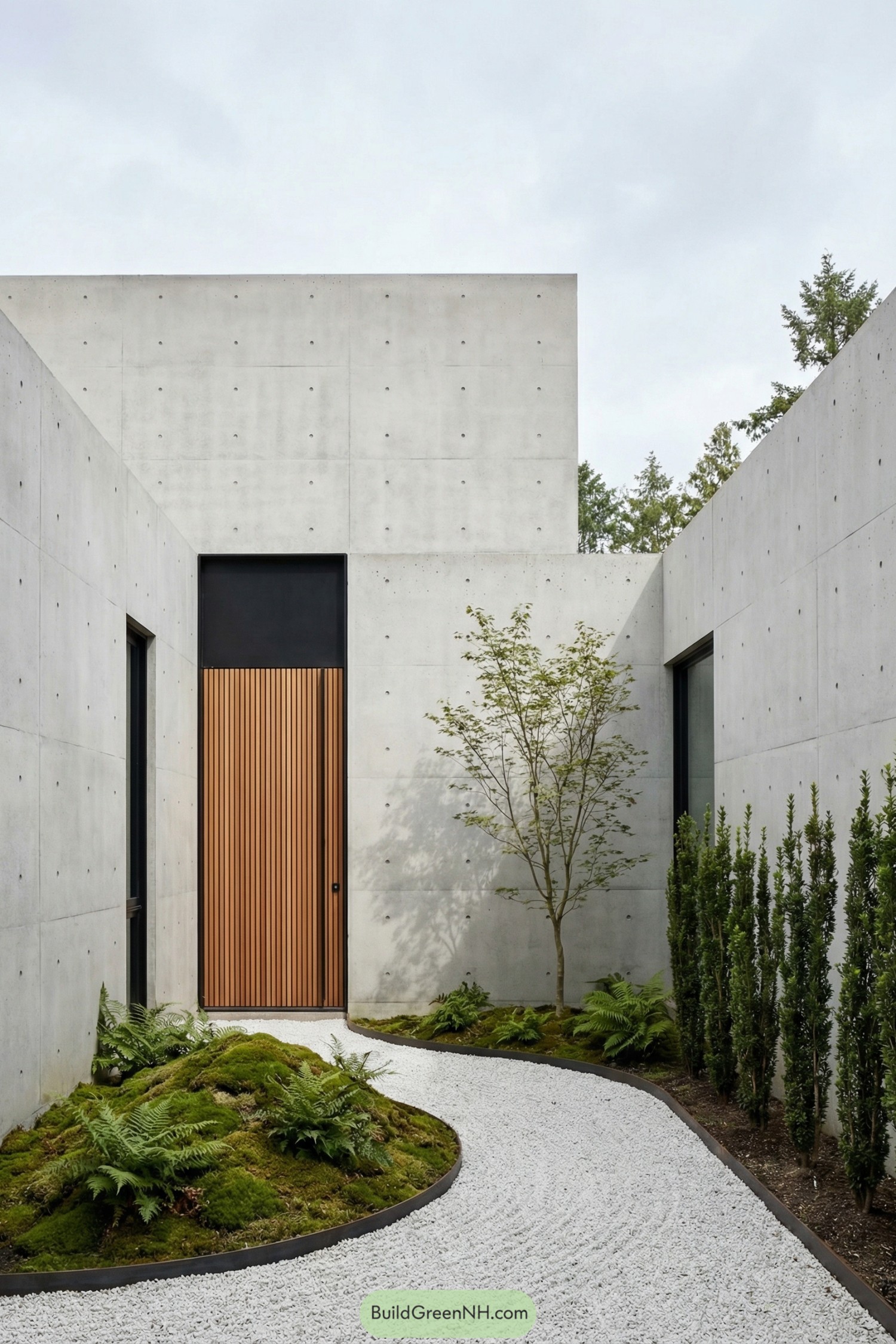 Minimal concrete courtyard with cedar door and raked gravel path