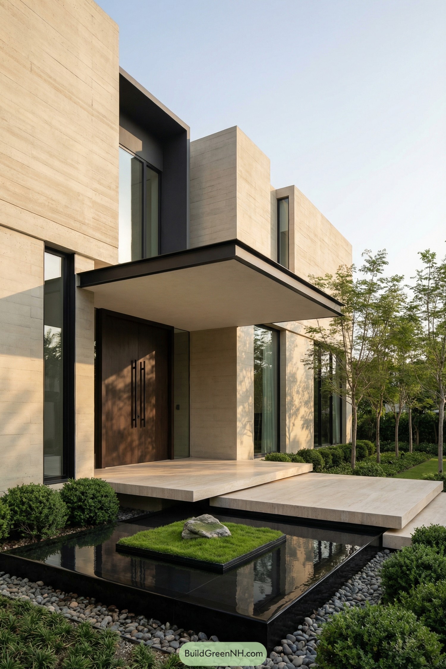 Concrete entry with cantilevered canopy and reflecting pond