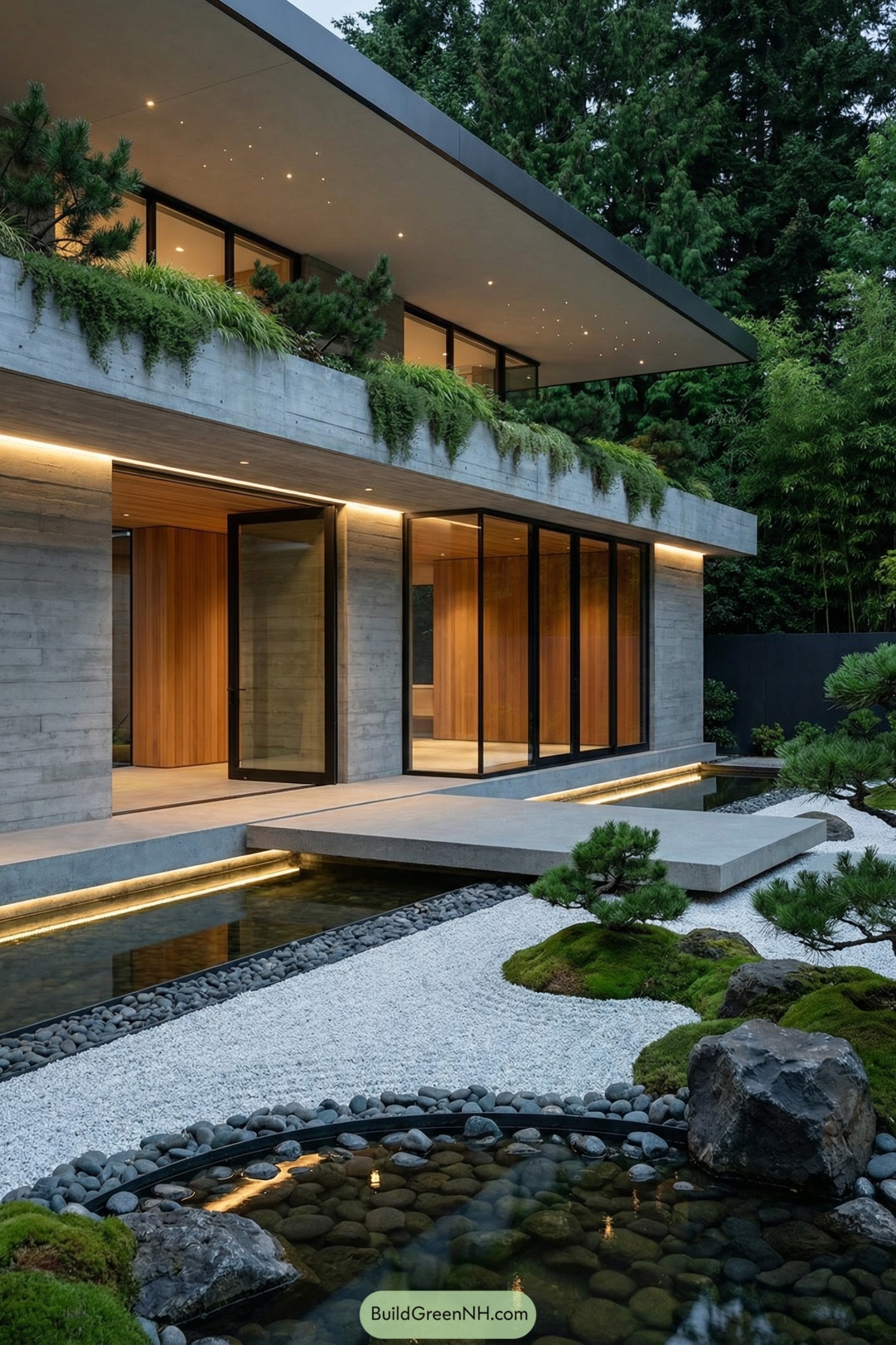 Modern zen concrete house with pond bridge