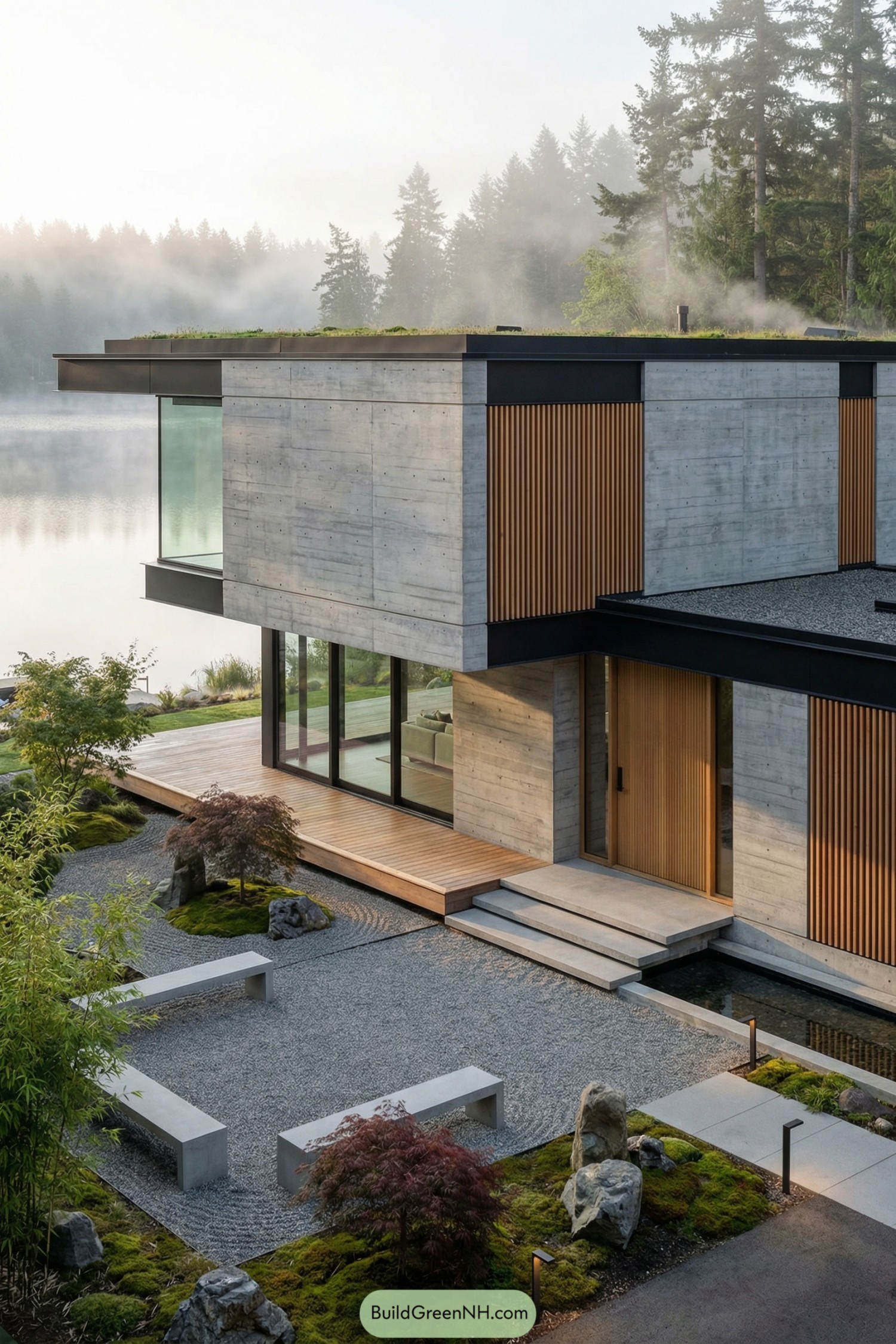 Modern concrete house with wood slats by a misty lake and minimalist zen garden