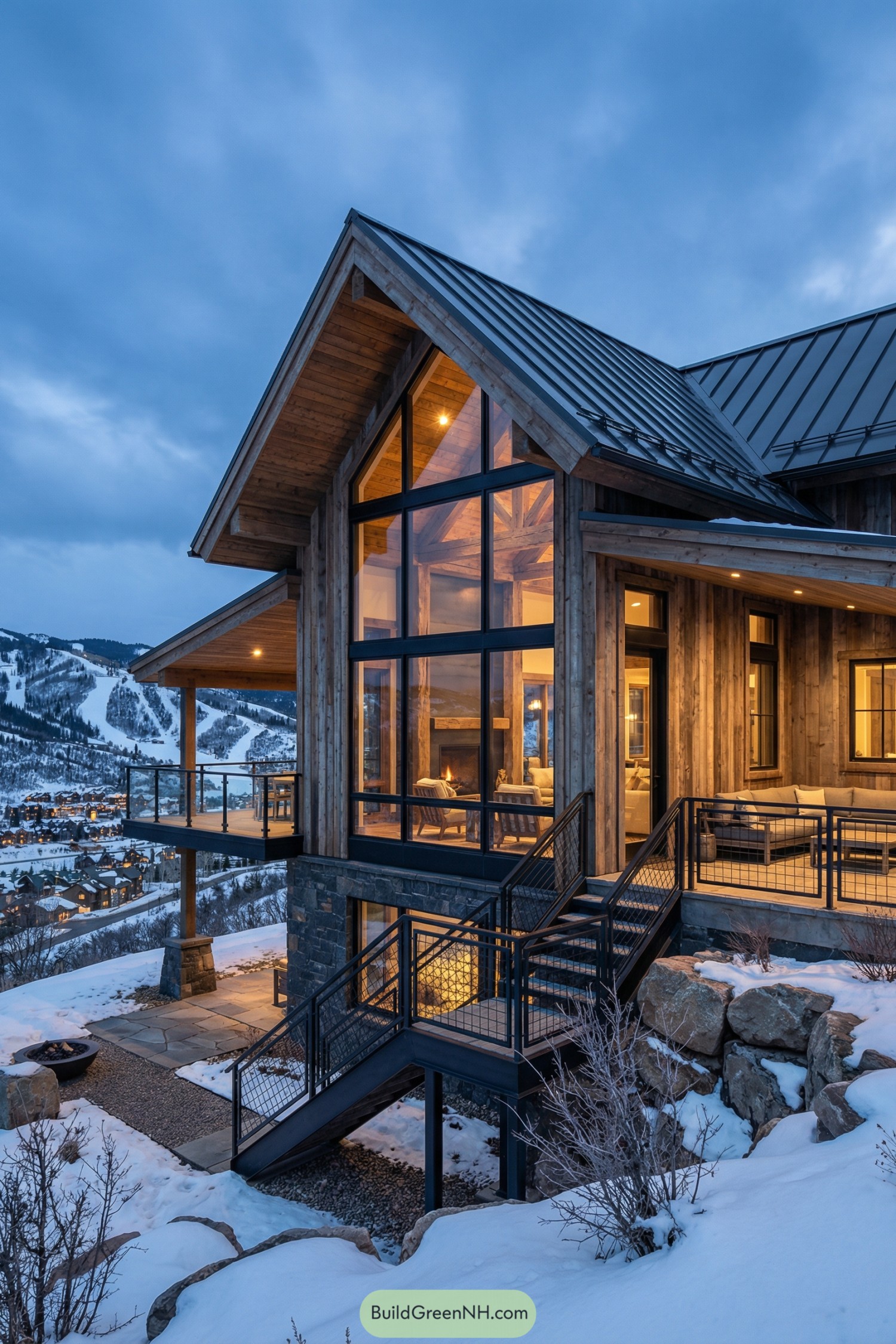A-frame mountain cabin with large glass façade at dusk