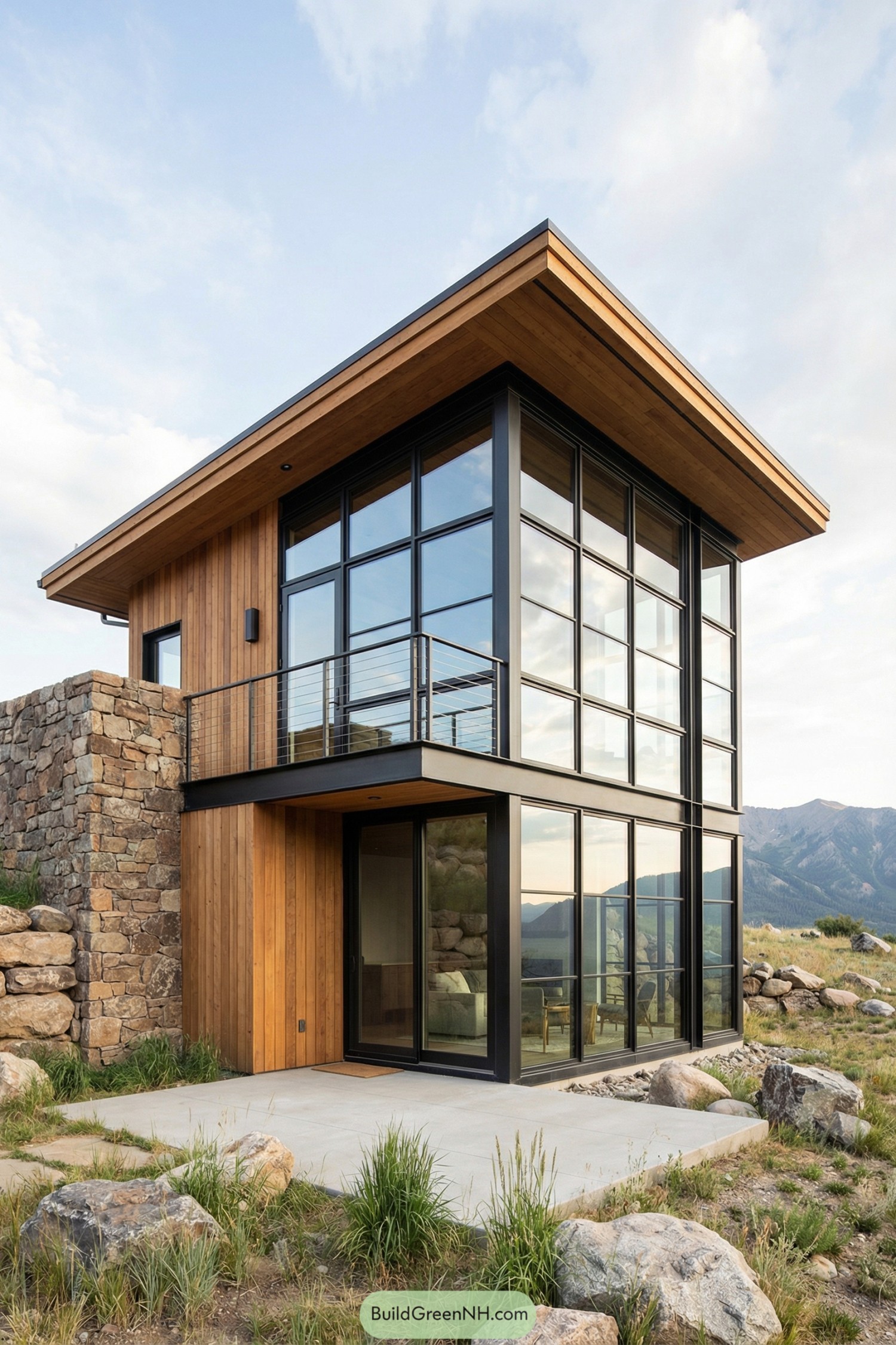 Two-story glass-and-wood mountain cabin with cantilevered roof