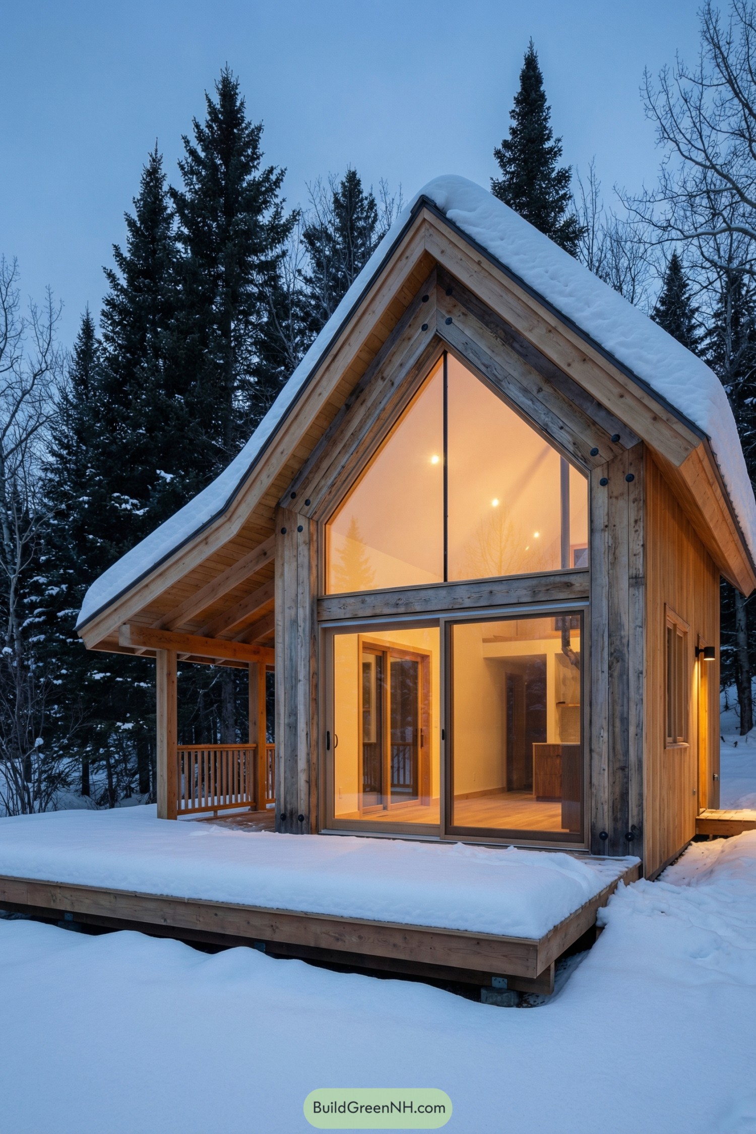 Small timber cabin with full-height gable glass facing snowy pines at dusk