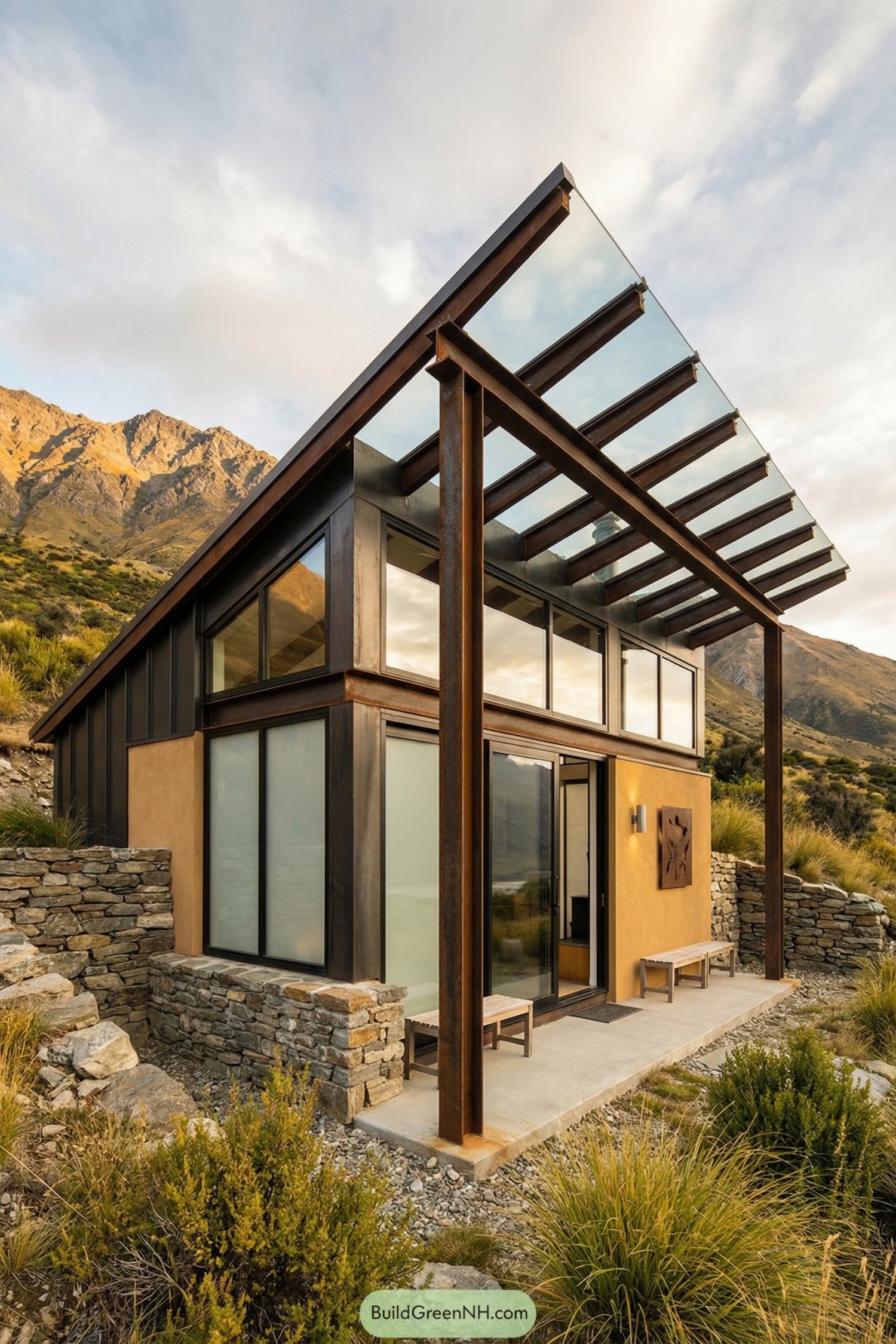 Compact mountain cabin with steel frame and glass canopy amid rocky hillside