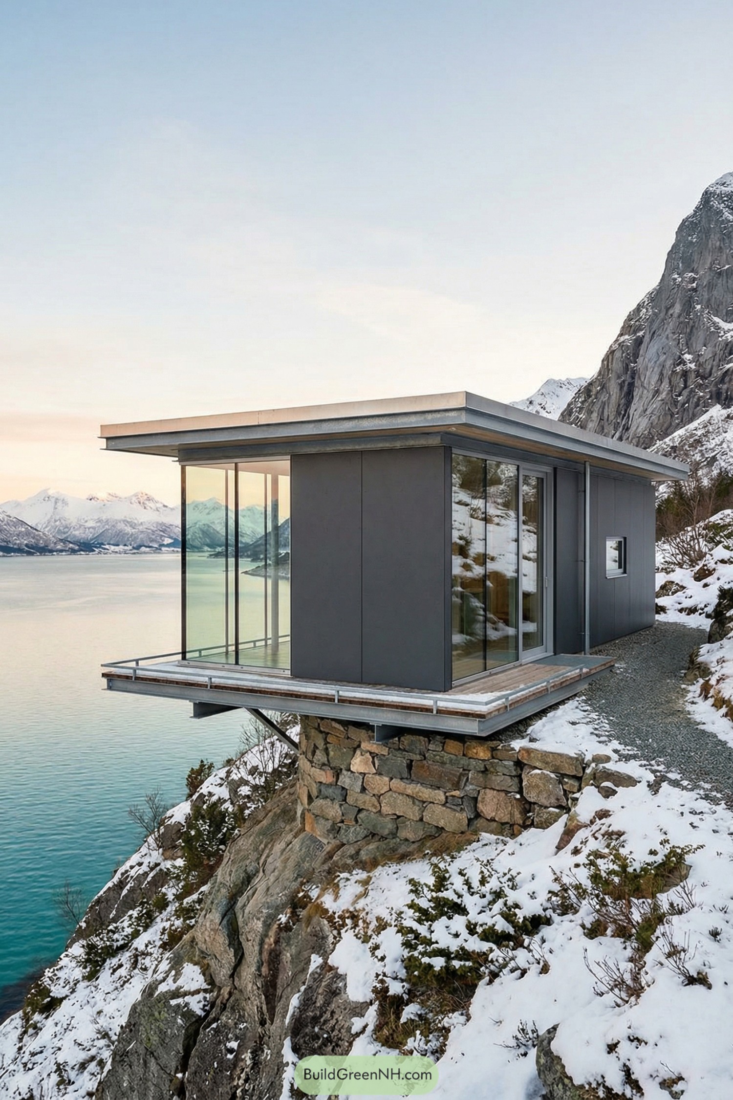 Modern glass cabin cantilevered over snowy cliff above fjord