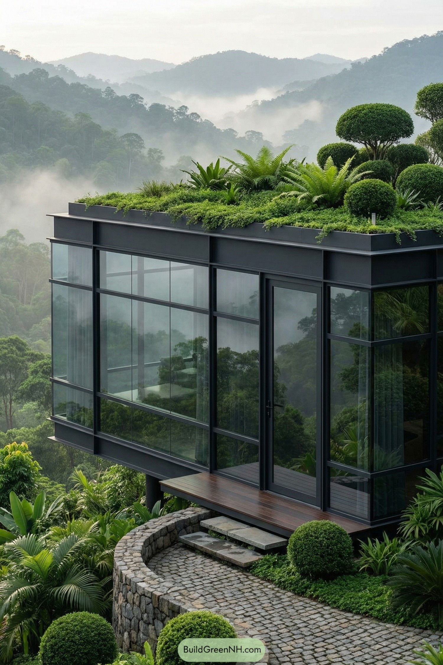 Glass cube cabin with lush green roof and misty mountain backdrop