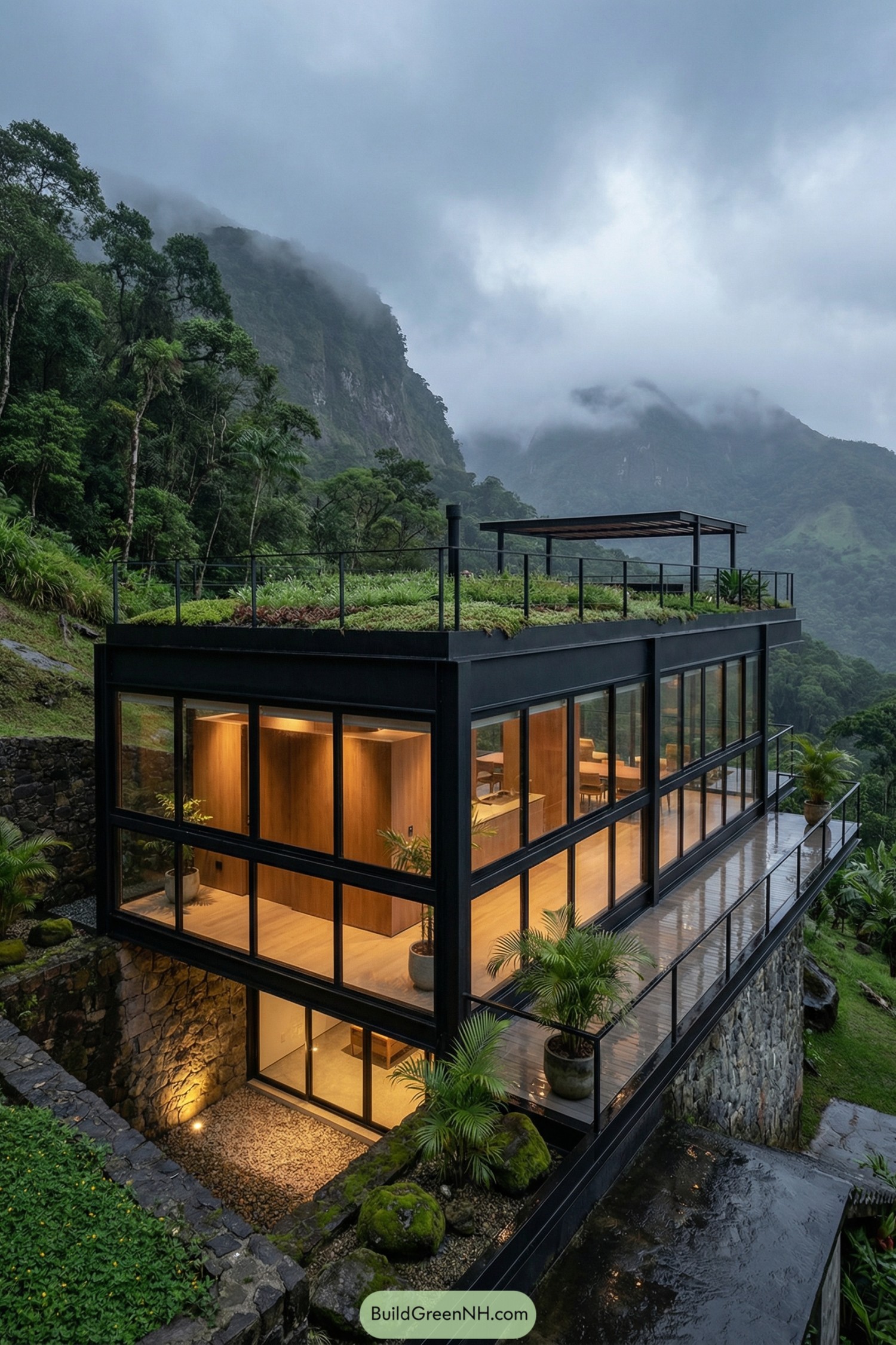 Two-story glass cabin with green roof perched on a misty mountainside