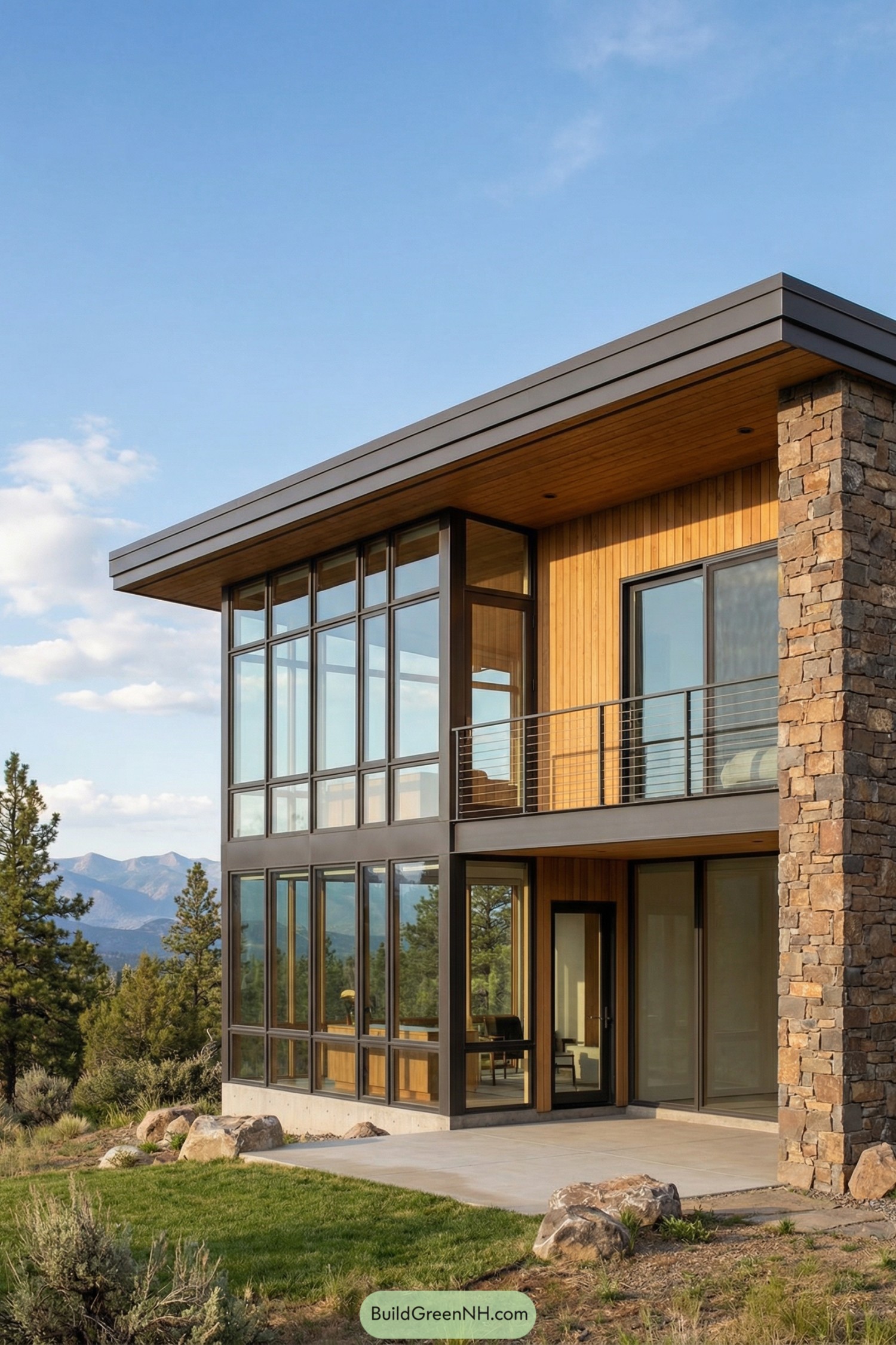 Modern mountain cabin with floor-to-ceiling windows and stone accents