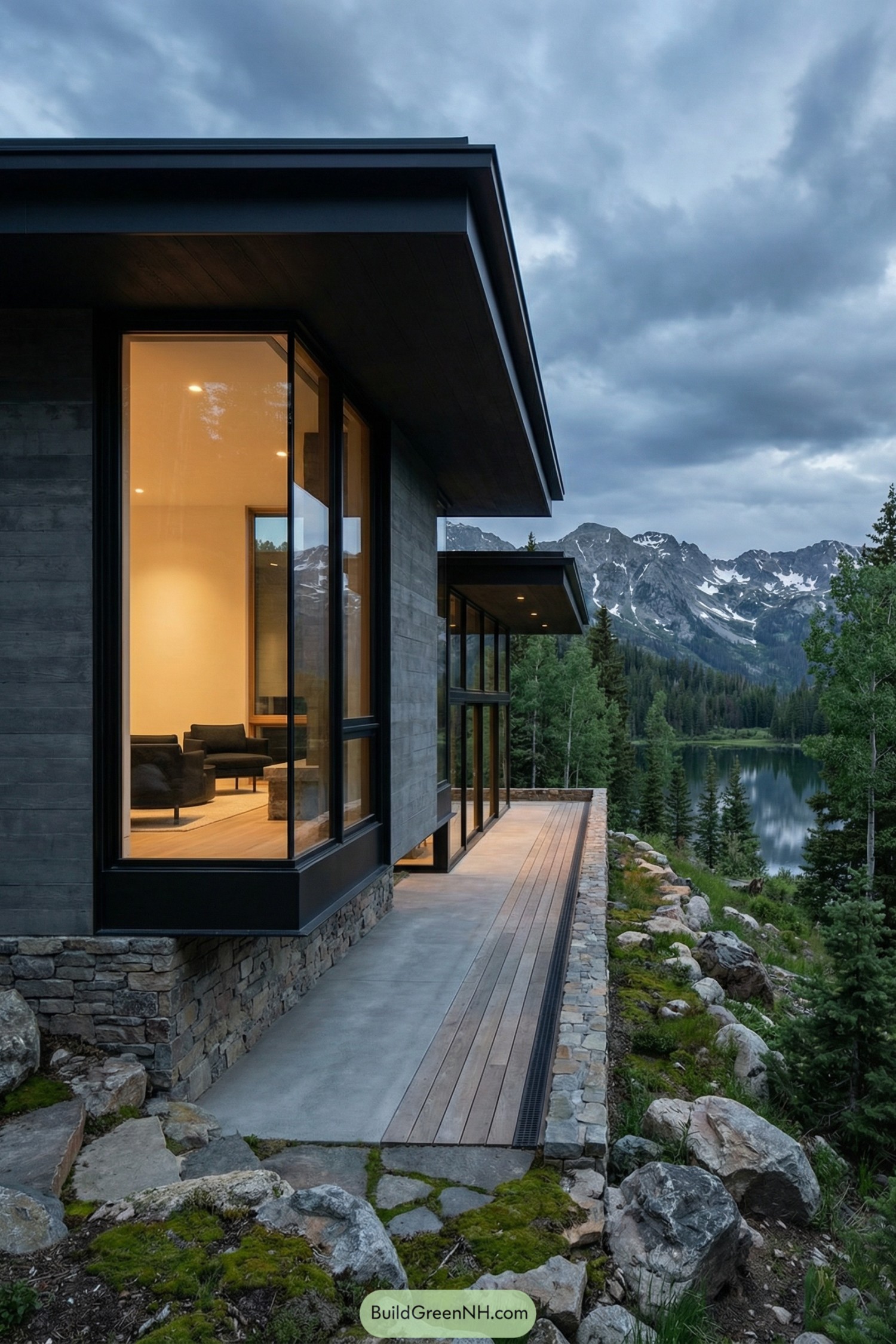 Modern glass cabin cantilevered over alpine lake