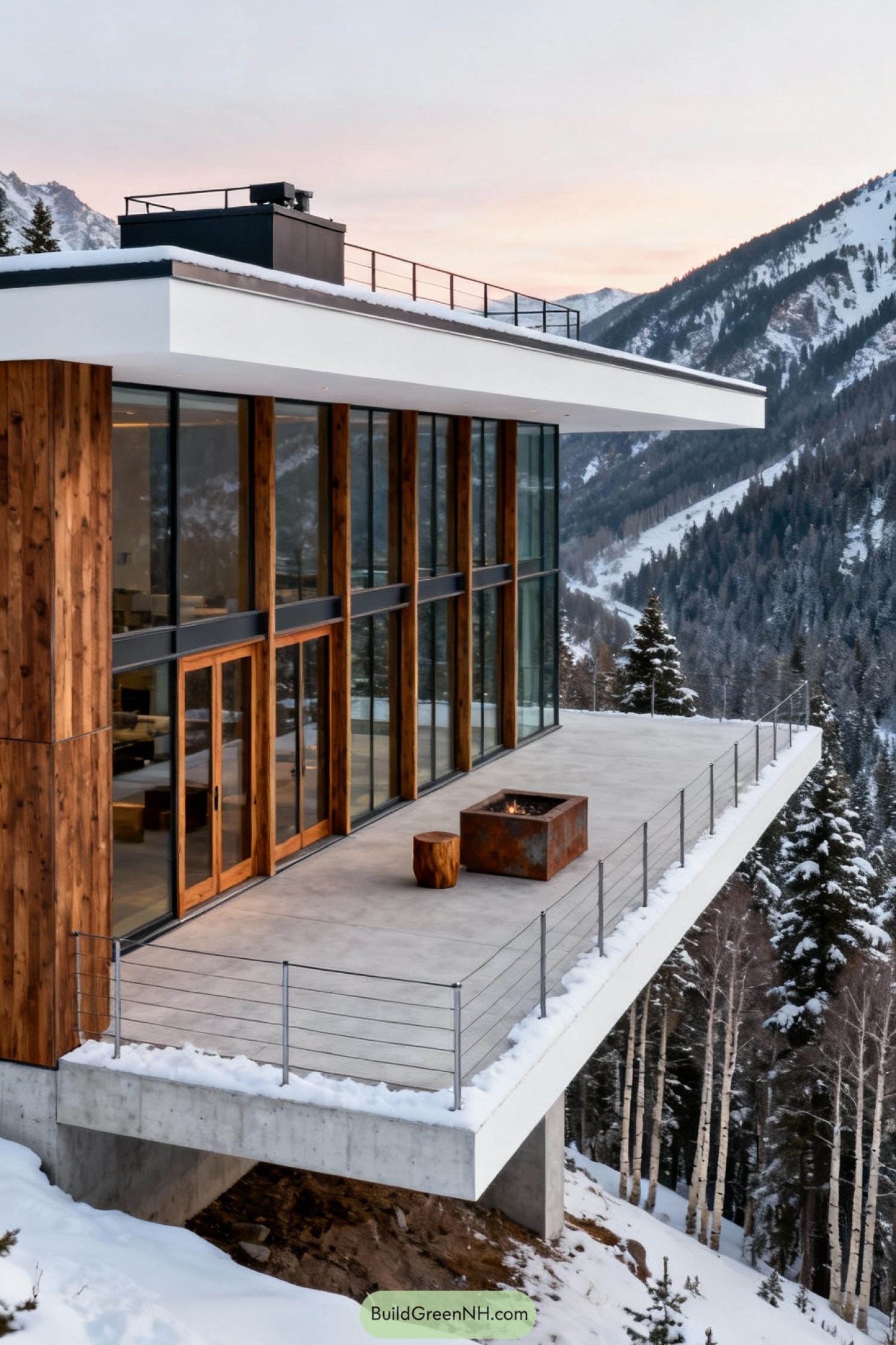 Modern glass cabin with cantilevered terrace