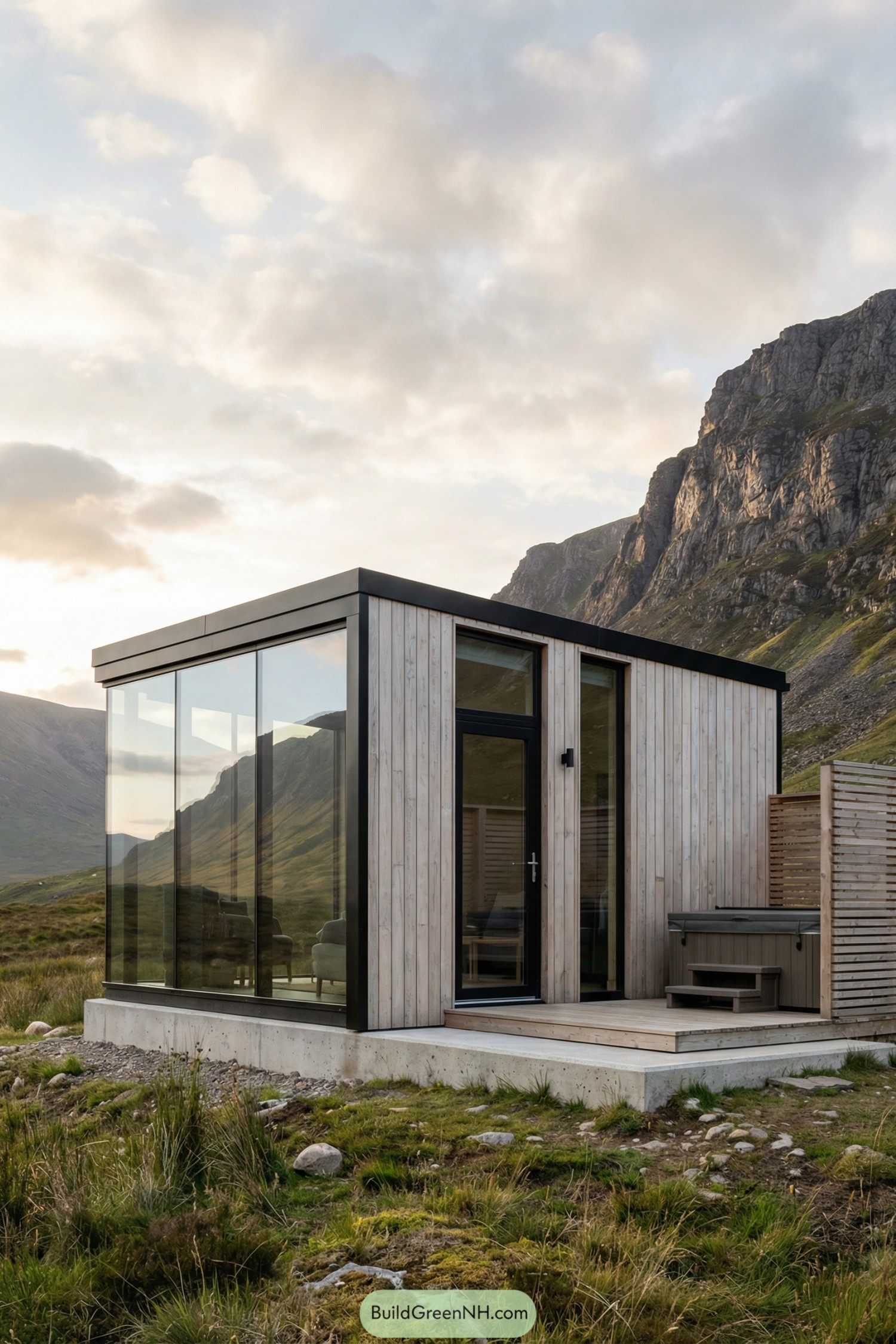 Small glass-and-wood cabin with mountain backdrop