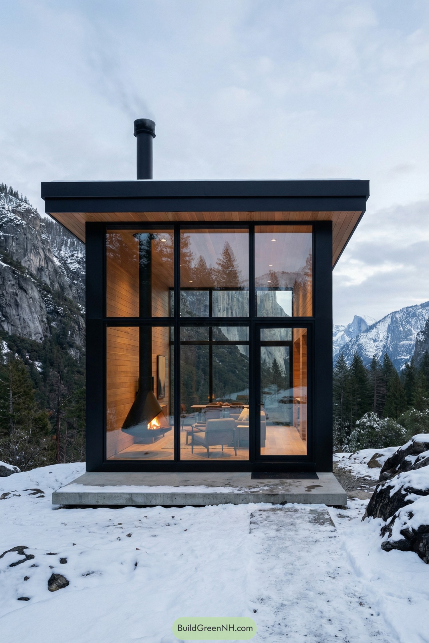 Glass cabin with black frame and suspended fireplace amid snowy mountains