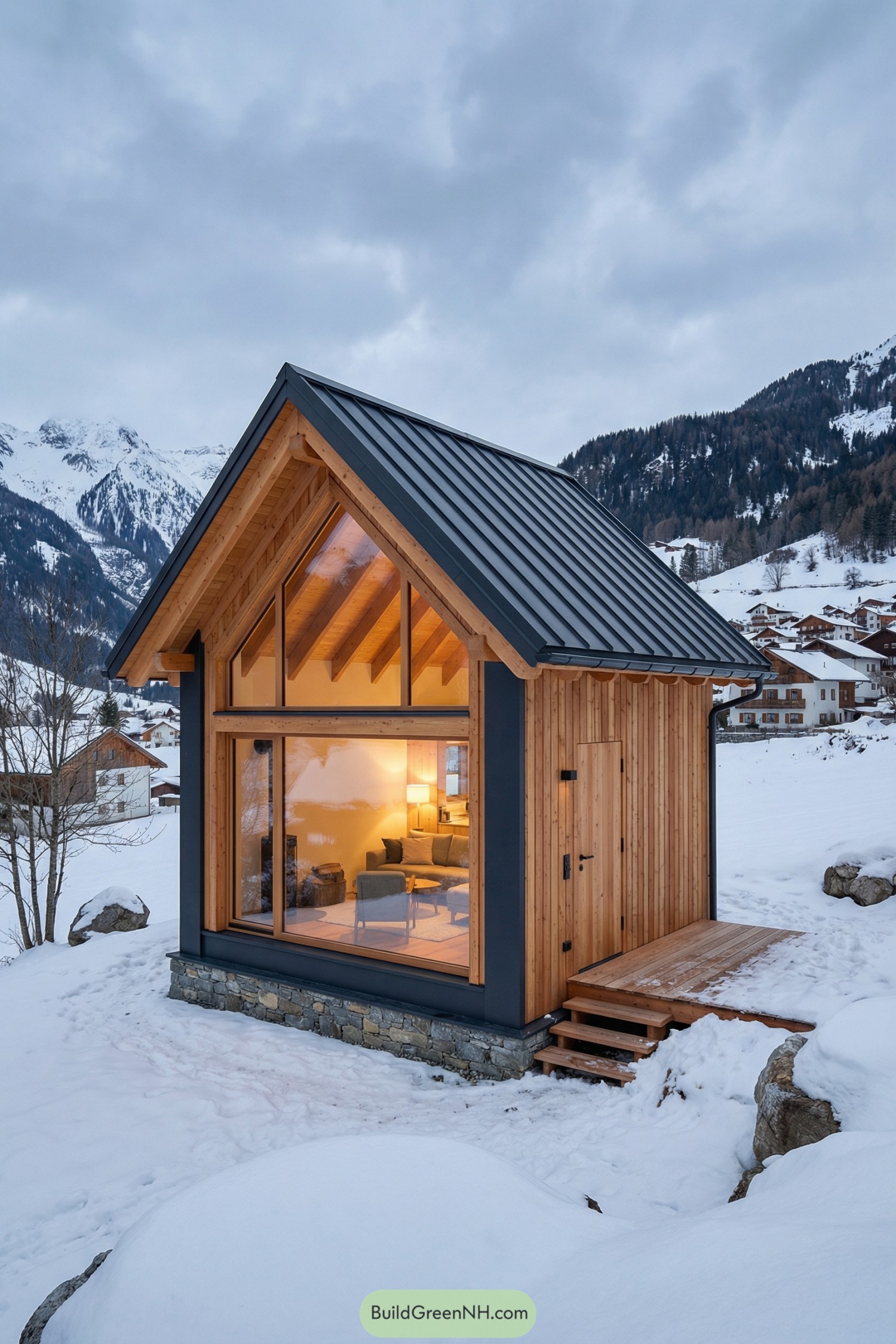 Small timber cabin with a large glass facade facing snowy mountains at dusk