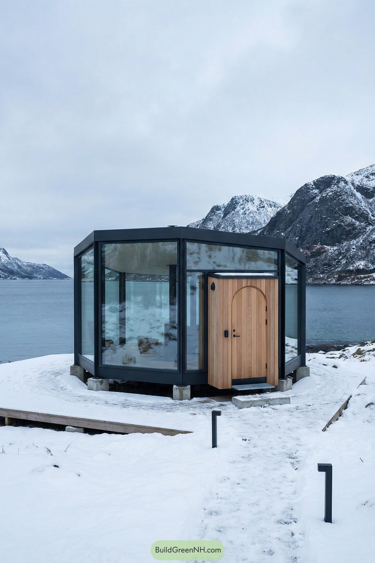 Octagonal glass cabin with cedar entry by icy fjord