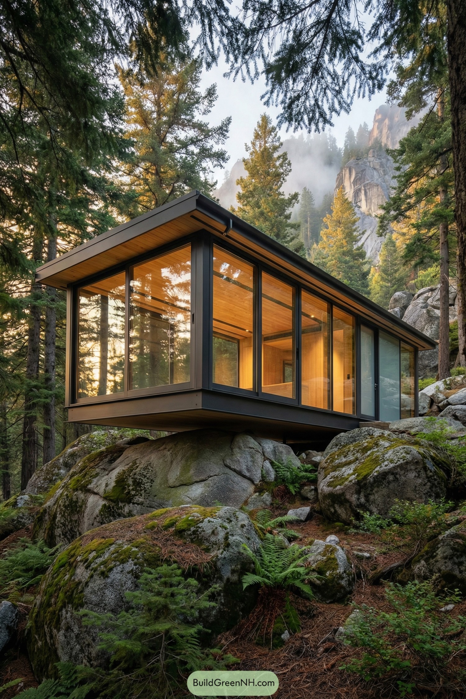 Modern glass cabin perched on boulders in a pine forest
