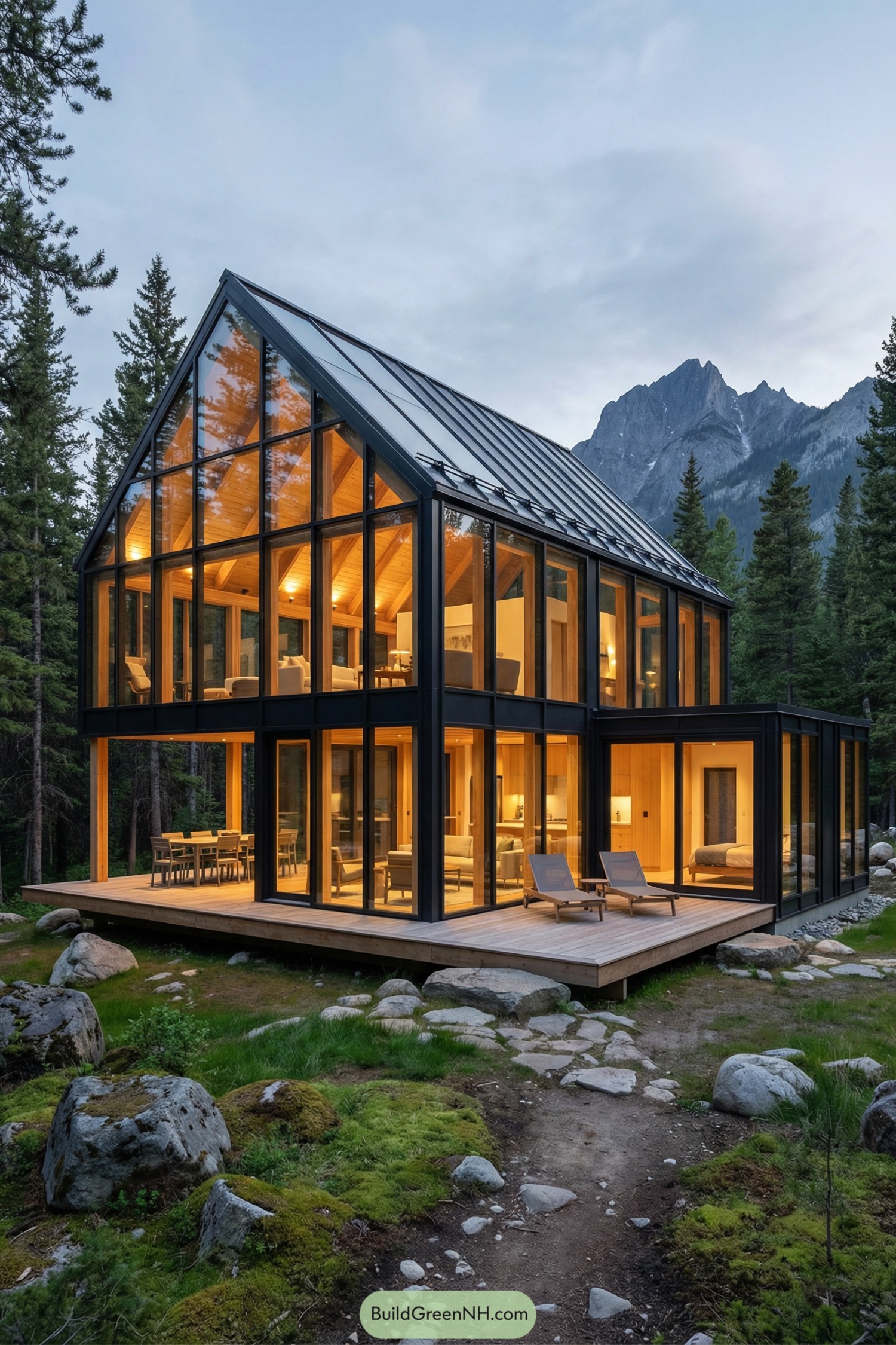 Two-story glass cabin with black metal frame and warm wood interior glowing at dusk in a pine forest, mountains beyond
