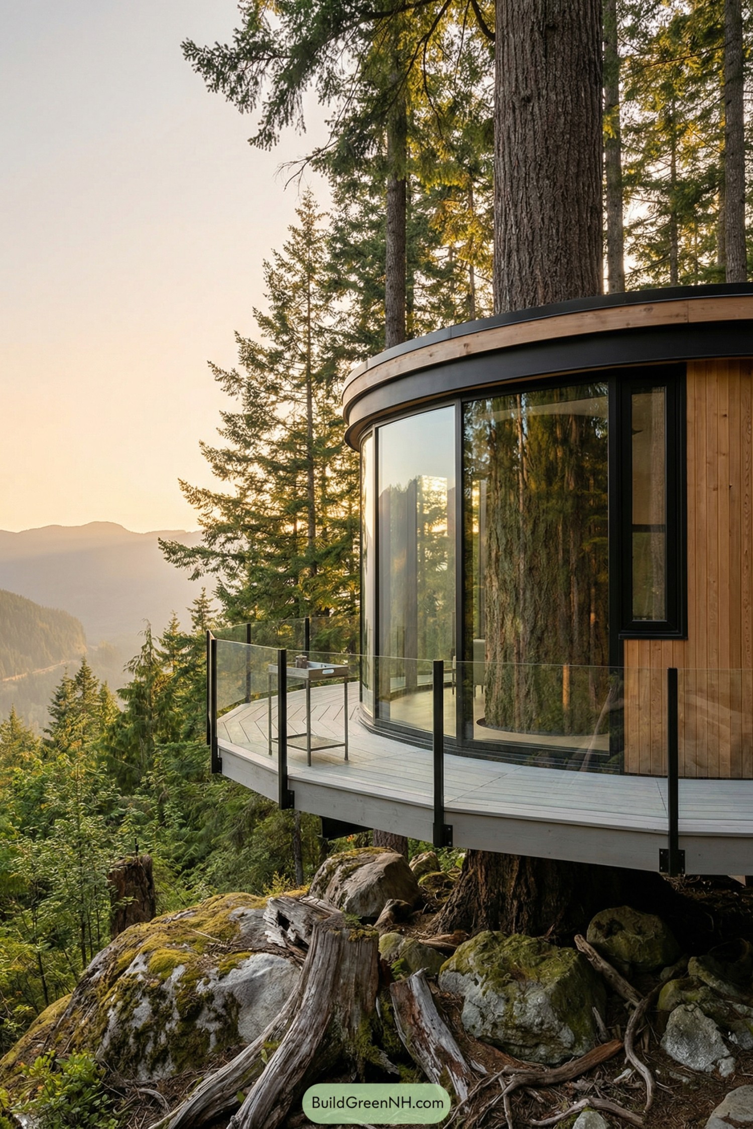 Curved glass cabin perched among evergreens at sunset