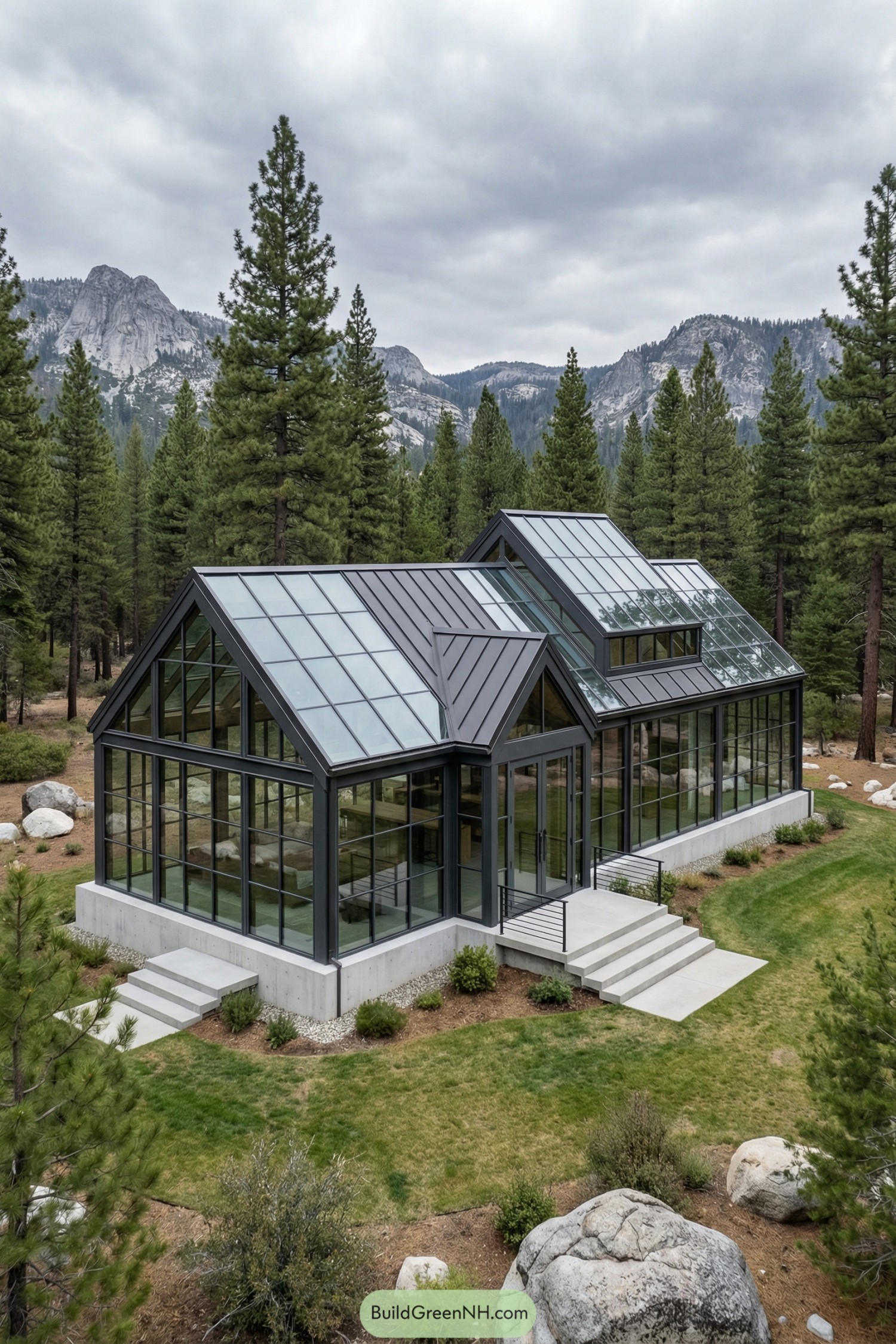 Modern glass cabin with twin gables nestled among pines and mountains