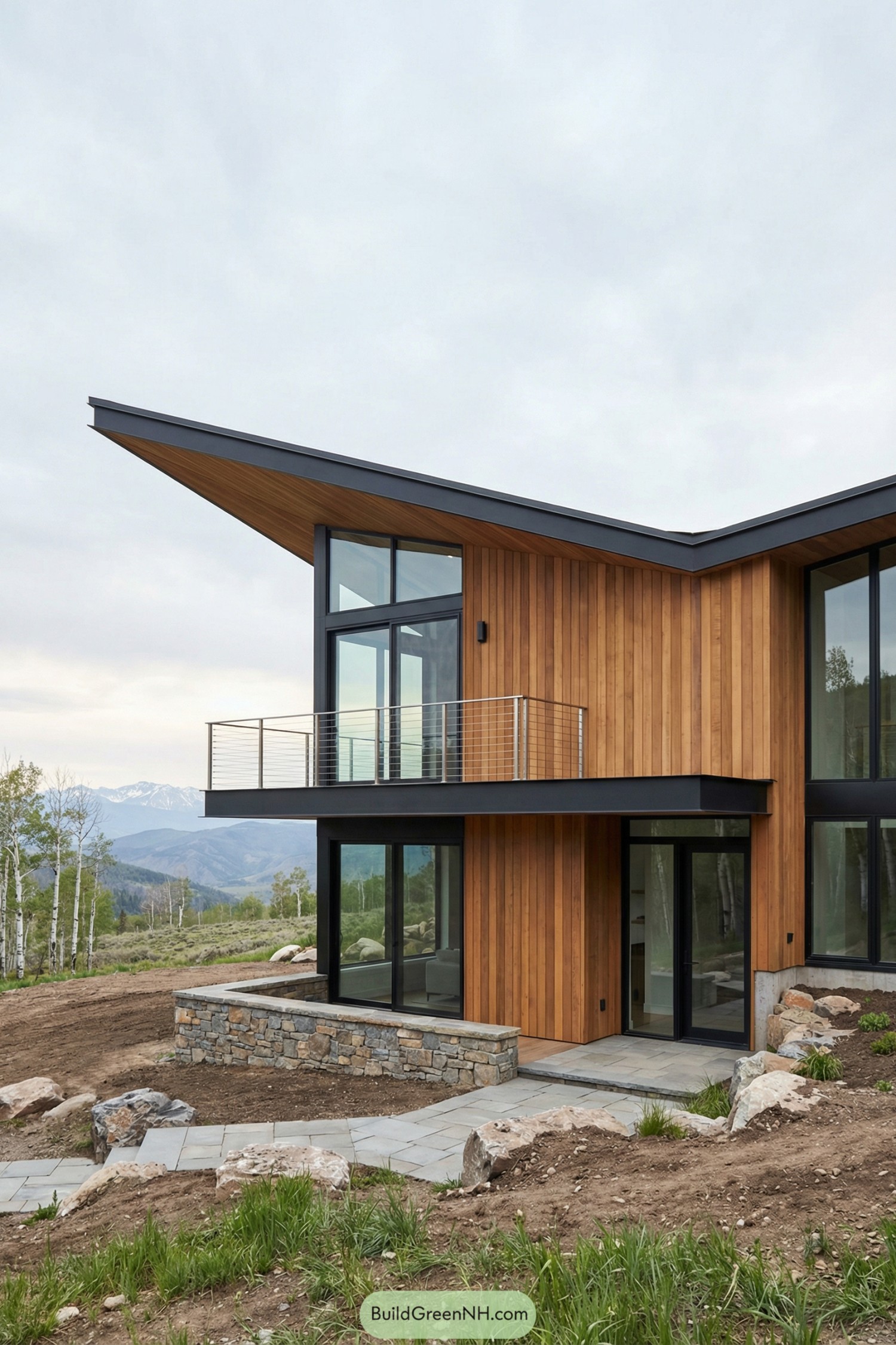 Modern wood-and-glass mountain cabin with cantilevered balcony