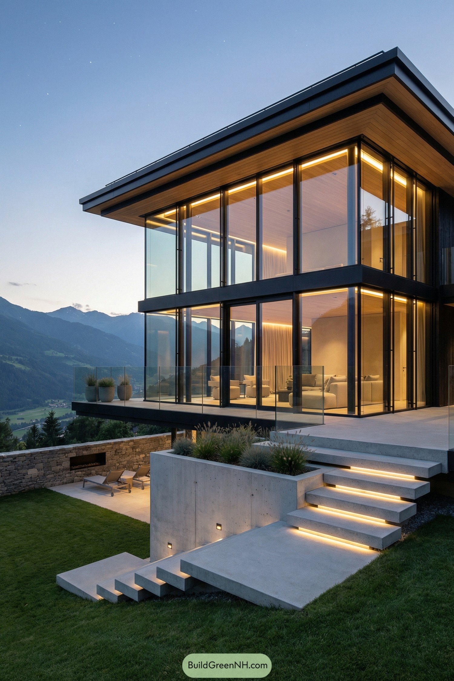 Two-story glass cabin with cantilevered terraces and warm linear lighting on mountain slope