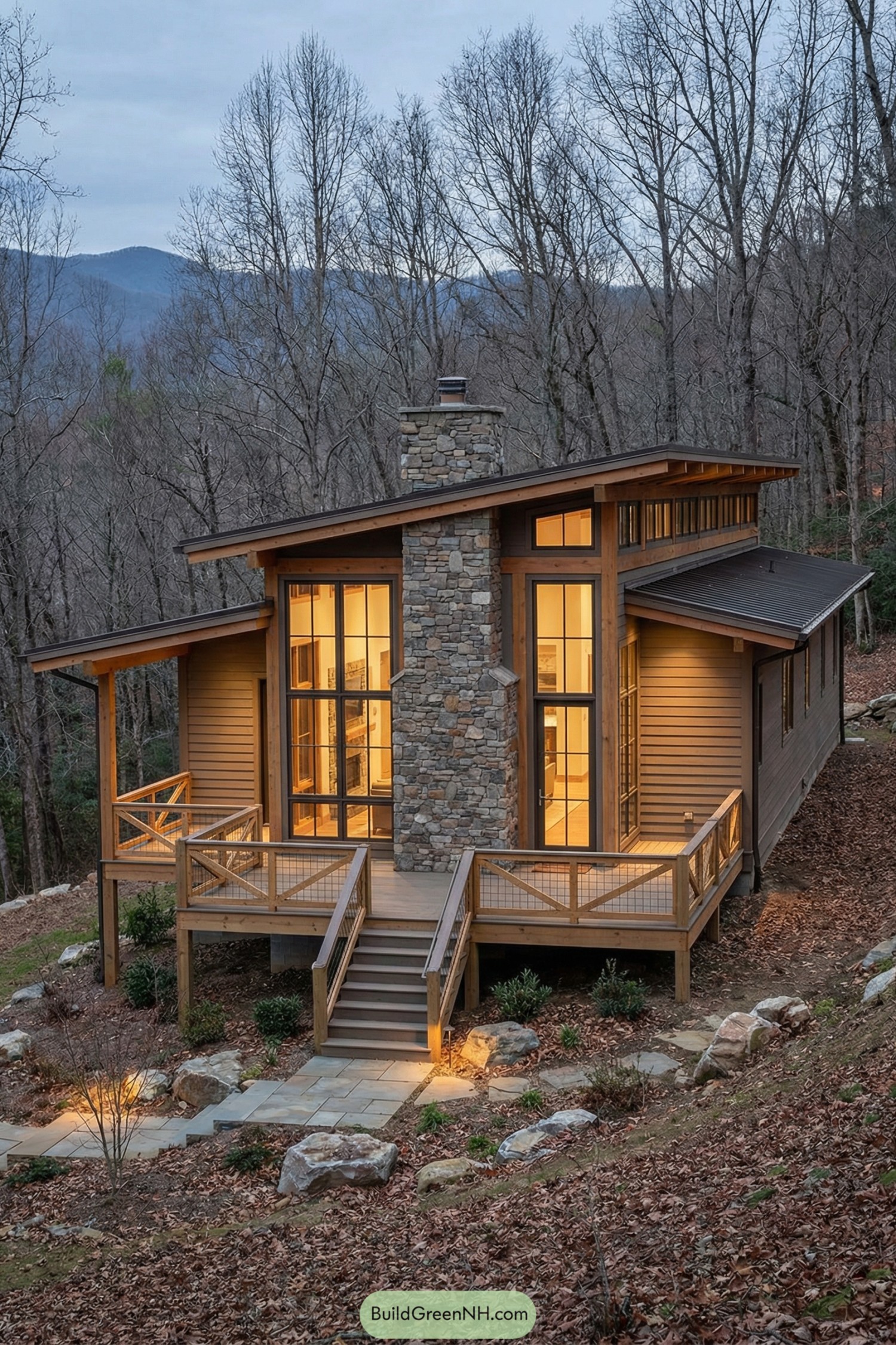 Warm-lit timber cabin with tall windows and stone chimney in wooded mountainside