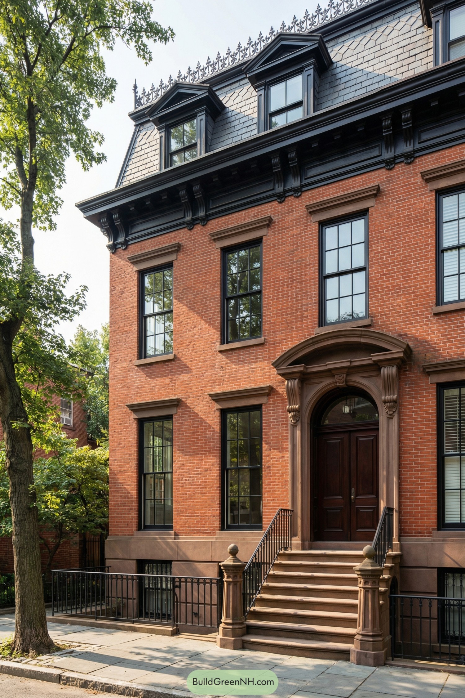 Redbrick townhouse with tall stoop and slate mansard roof