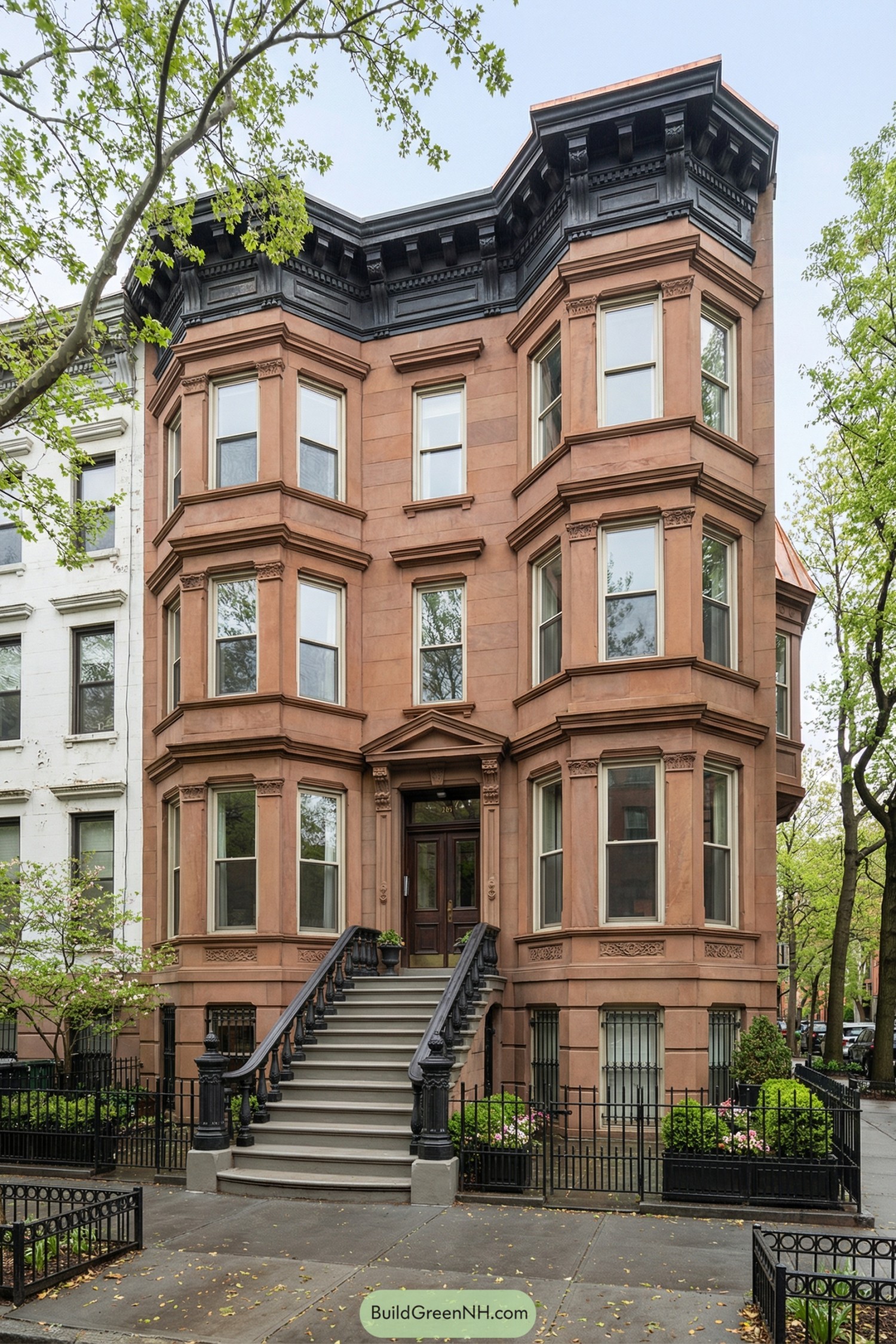 Three-story brownstone townhouse with tall bay windows and a stoop