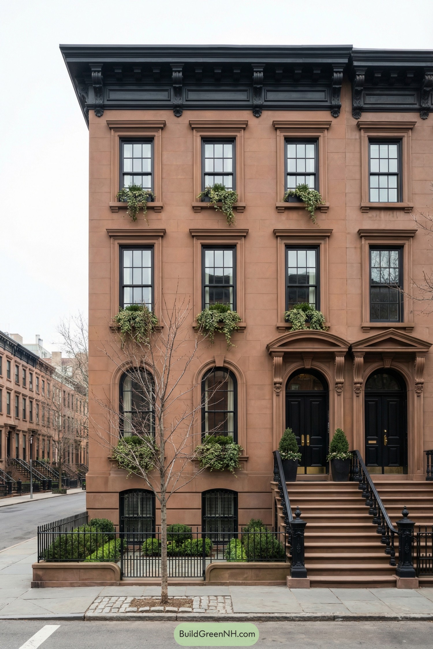 Corner brownstone townhouse with tall stoop and lush window planters