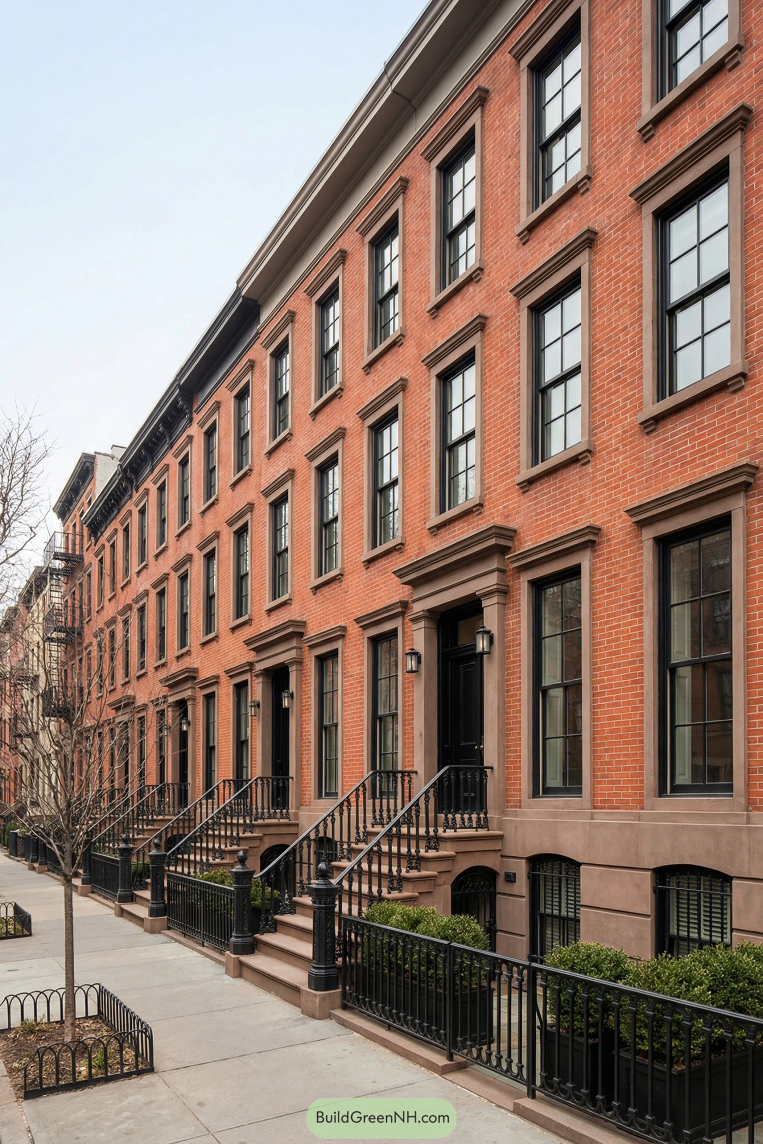 Row of redbrick townhouses with raised stoops and black railings