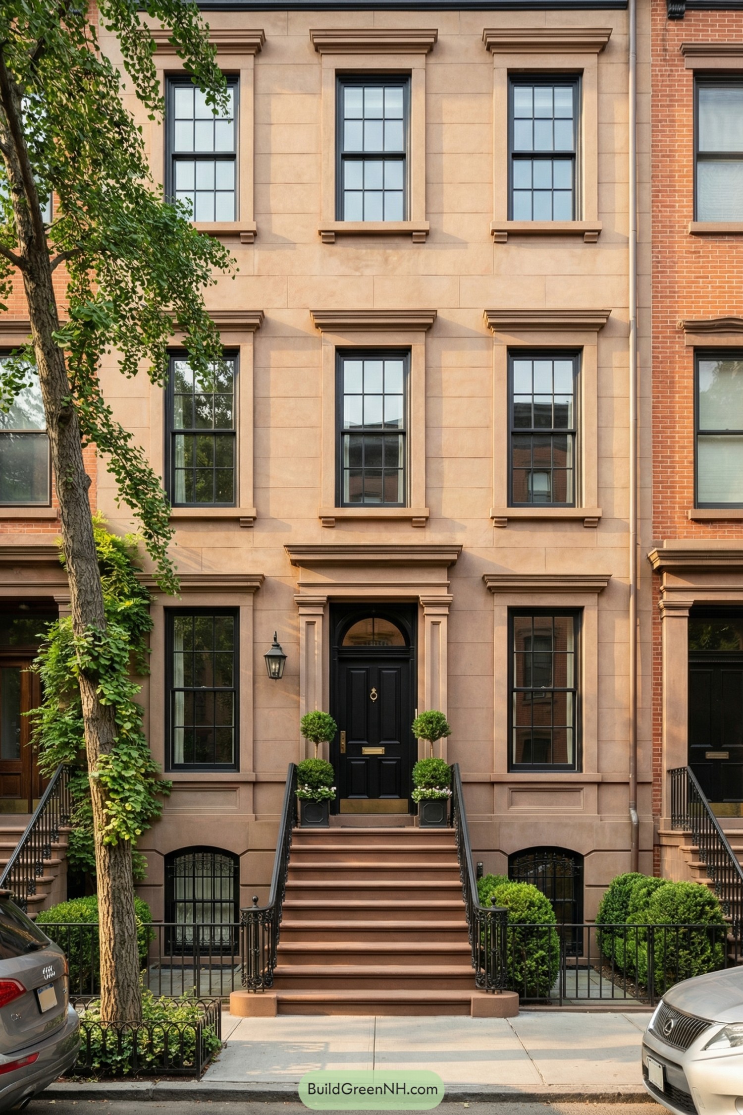 Symmetrical brownstone townhouse with central stoop and black door