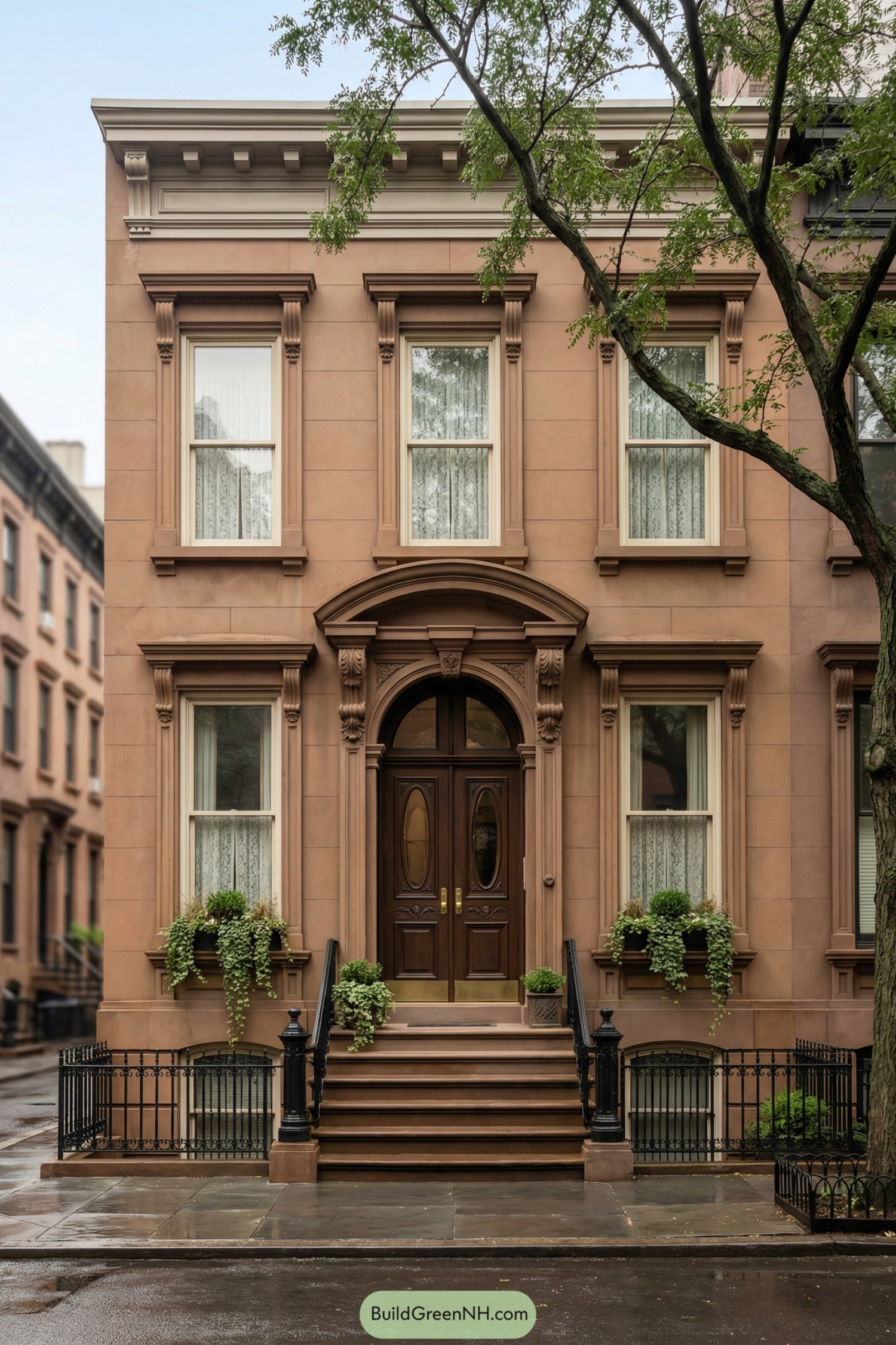 Warm brownstone townhouse facade with ornate trim and lush window box greenery