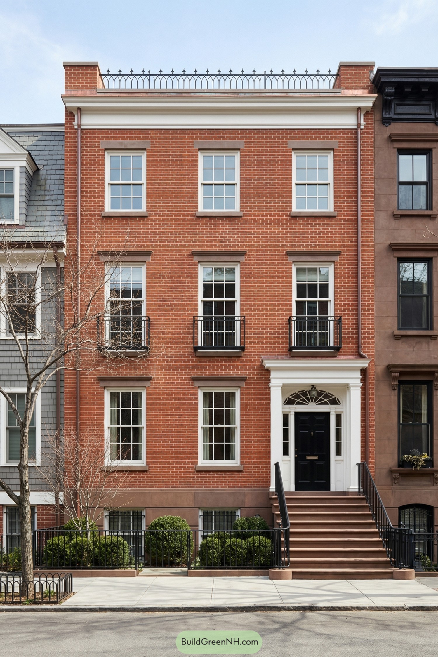 Red brick three-story New York townhouse with stoop and black door