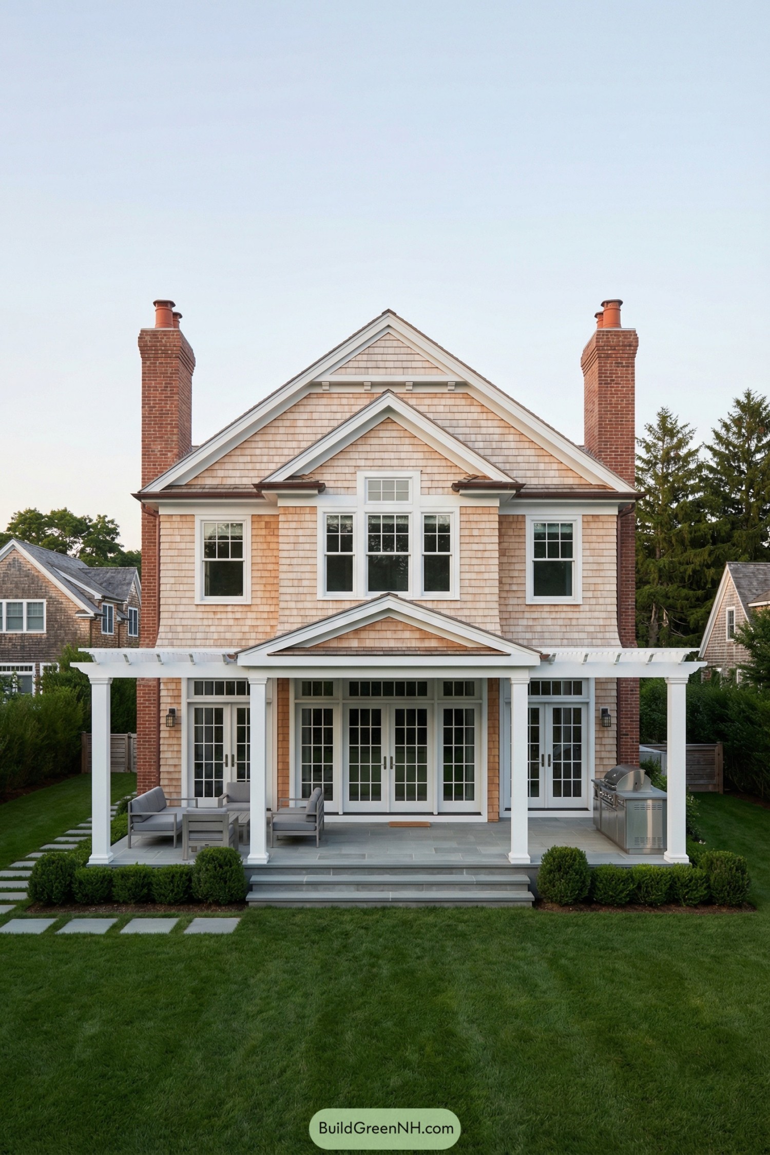Two-story shingle house with pergola-topped back porch and brick chimneys