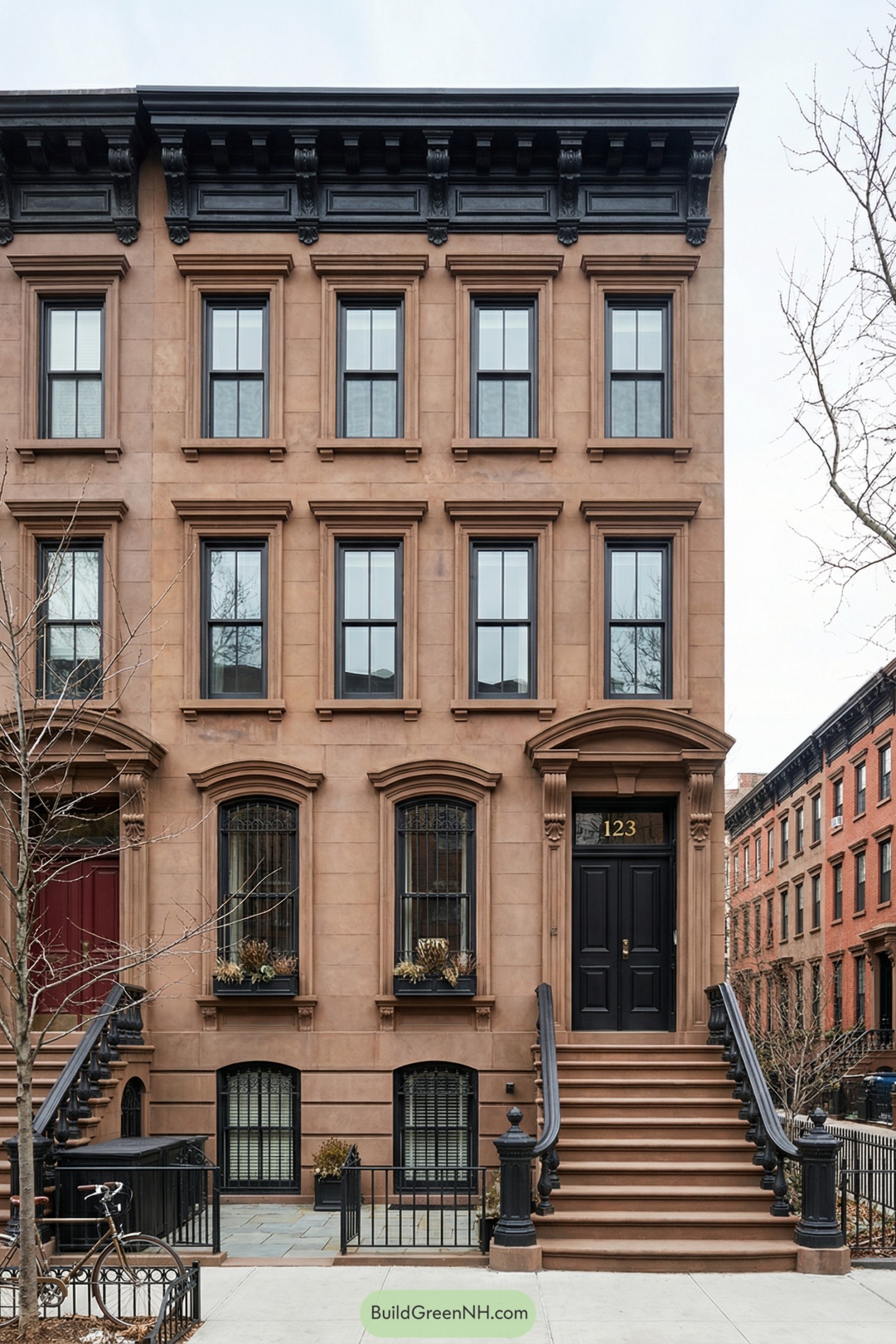 Elegant brownstone townhouse facade with tall stoop and black-trimmed windows