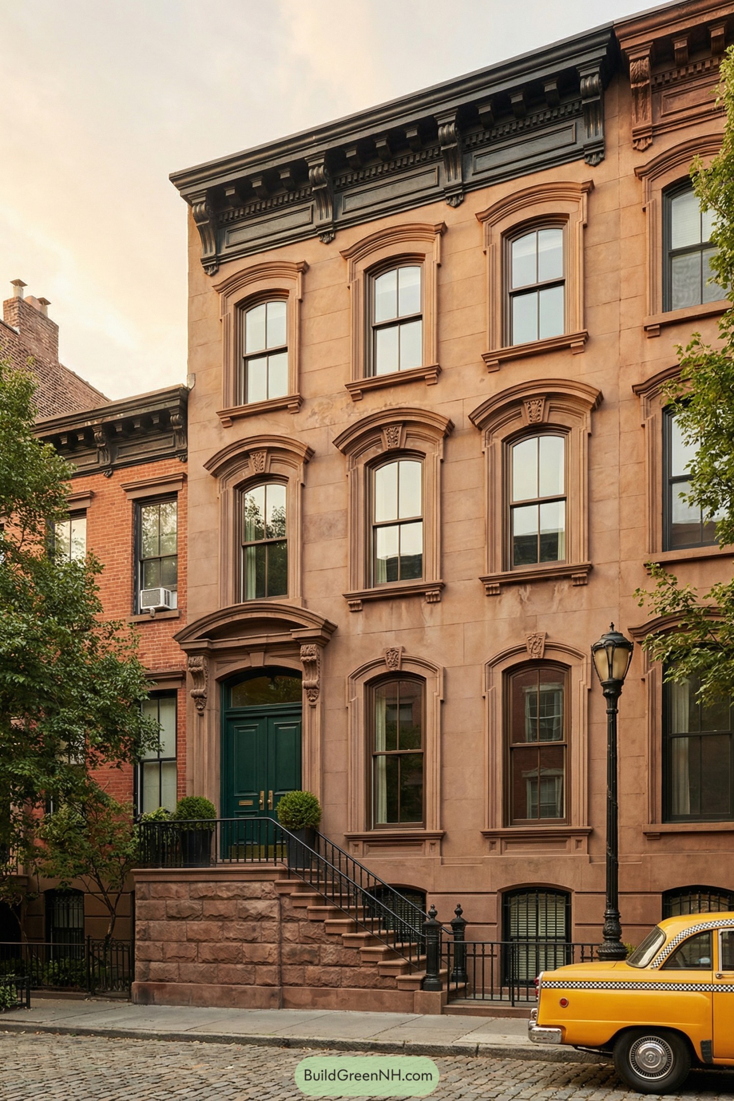 Historic brownstone townhouse with arched windows and tall stoop