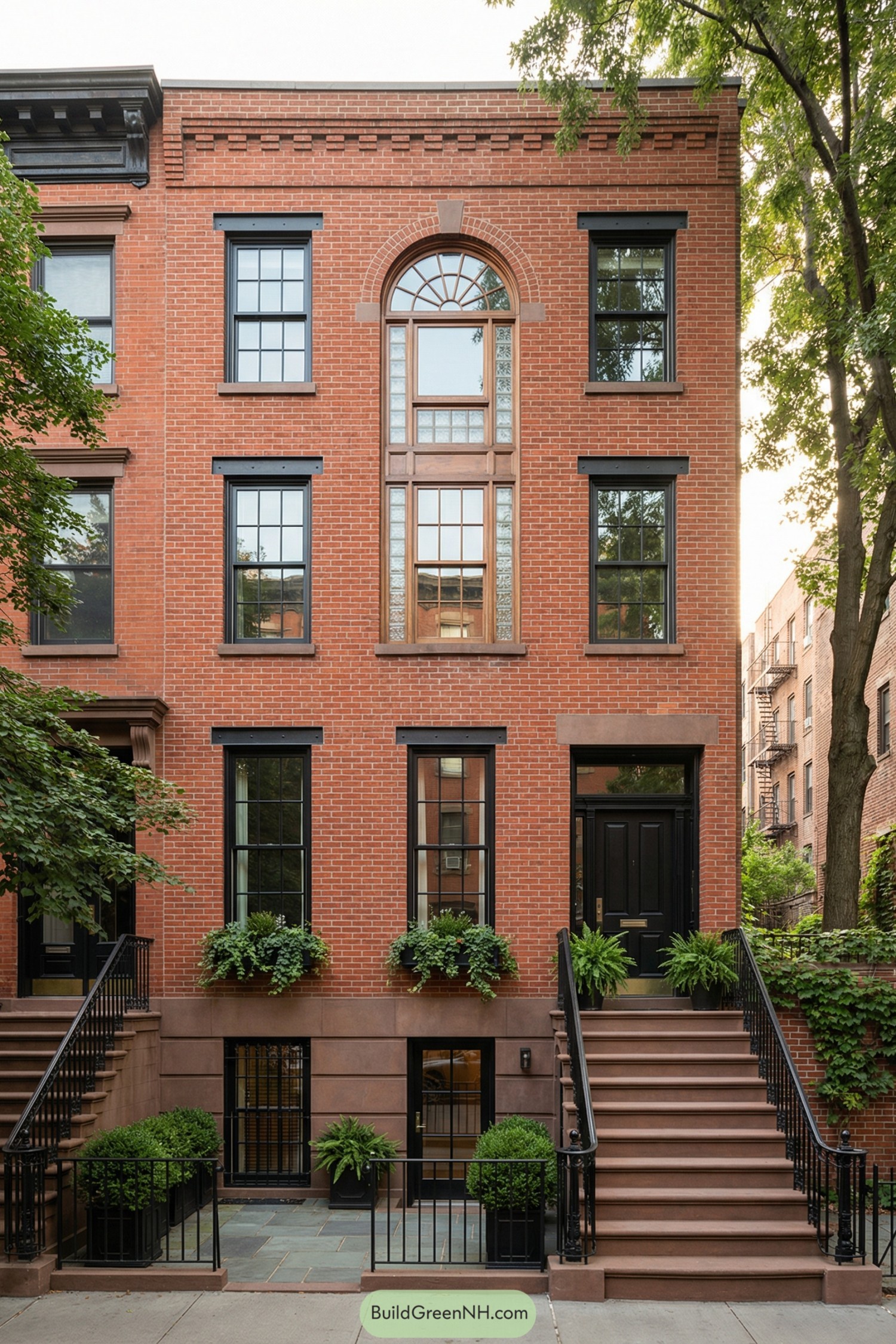 Red brick three-story townhouse with tall arched central window and twin stoops framed by greenery