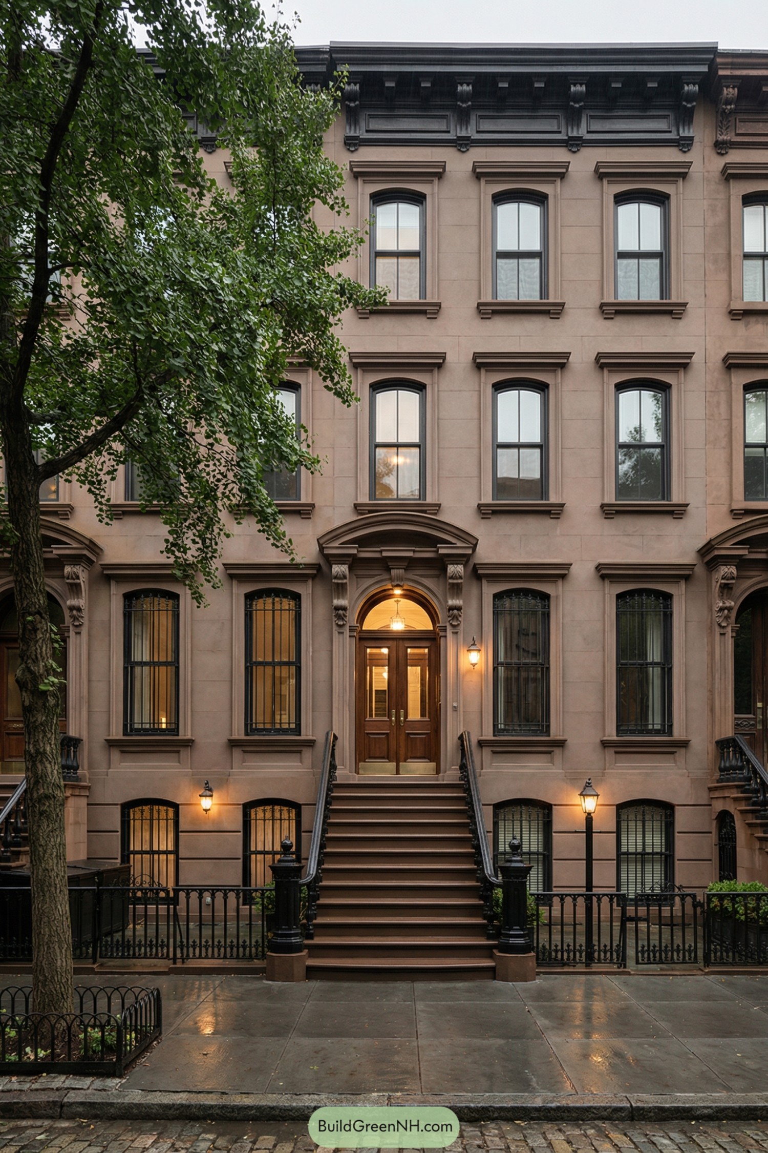 Three-story brownstone townhouse with tall stoop and glowing entry
