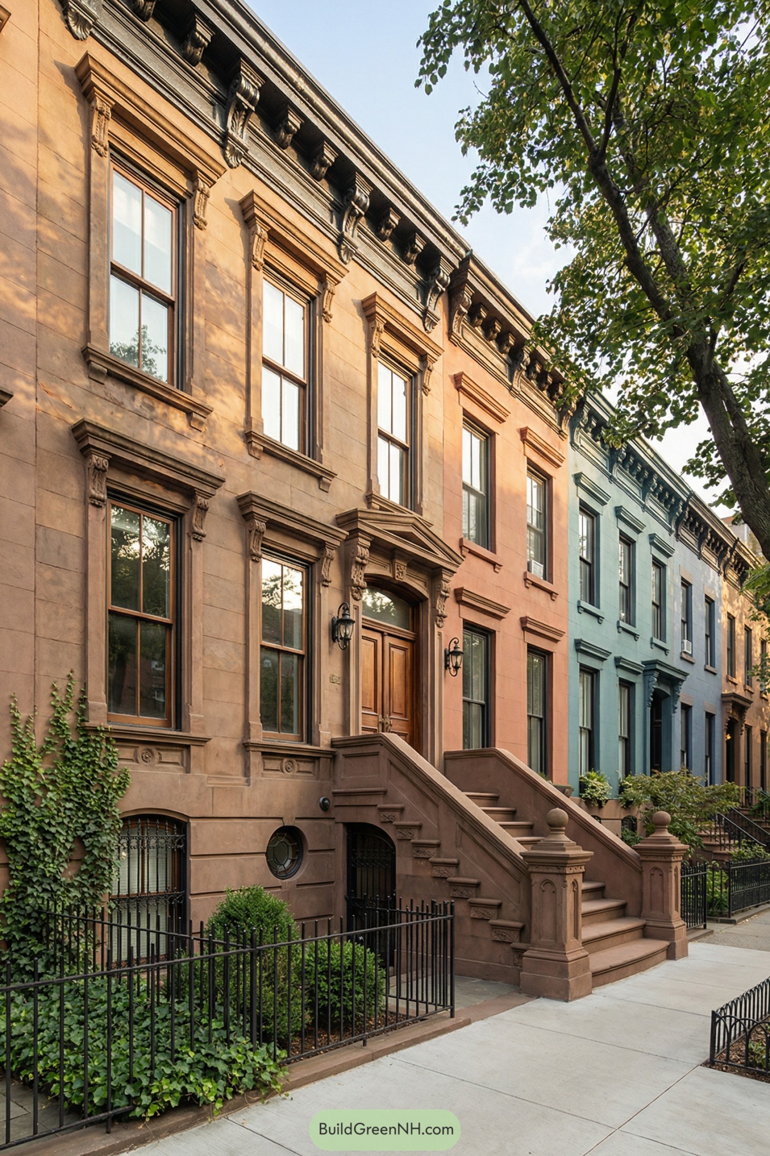 Historic brownstone row with elevated stoops