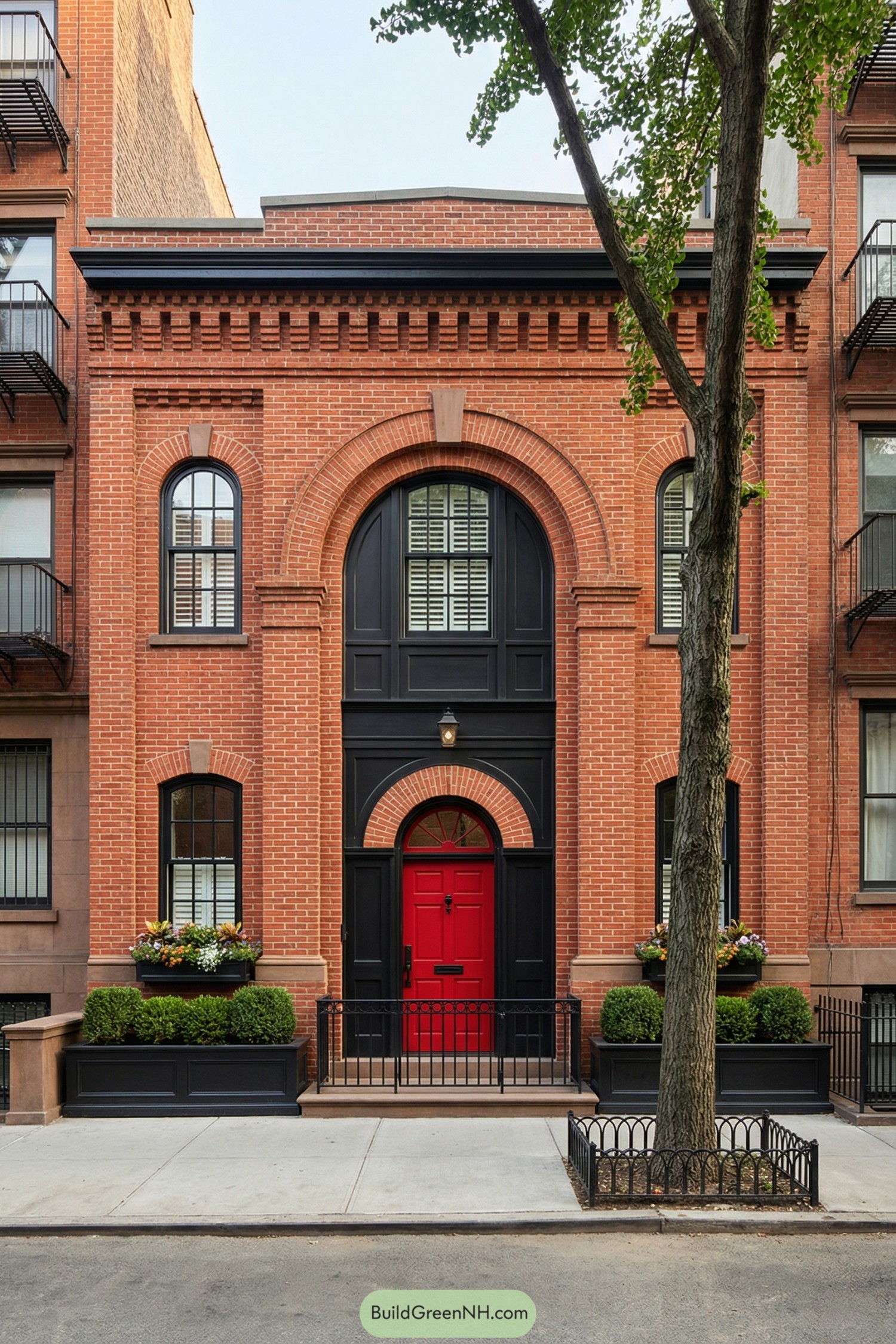 Red-brick townhouse with tall arches black trim and a bright red door