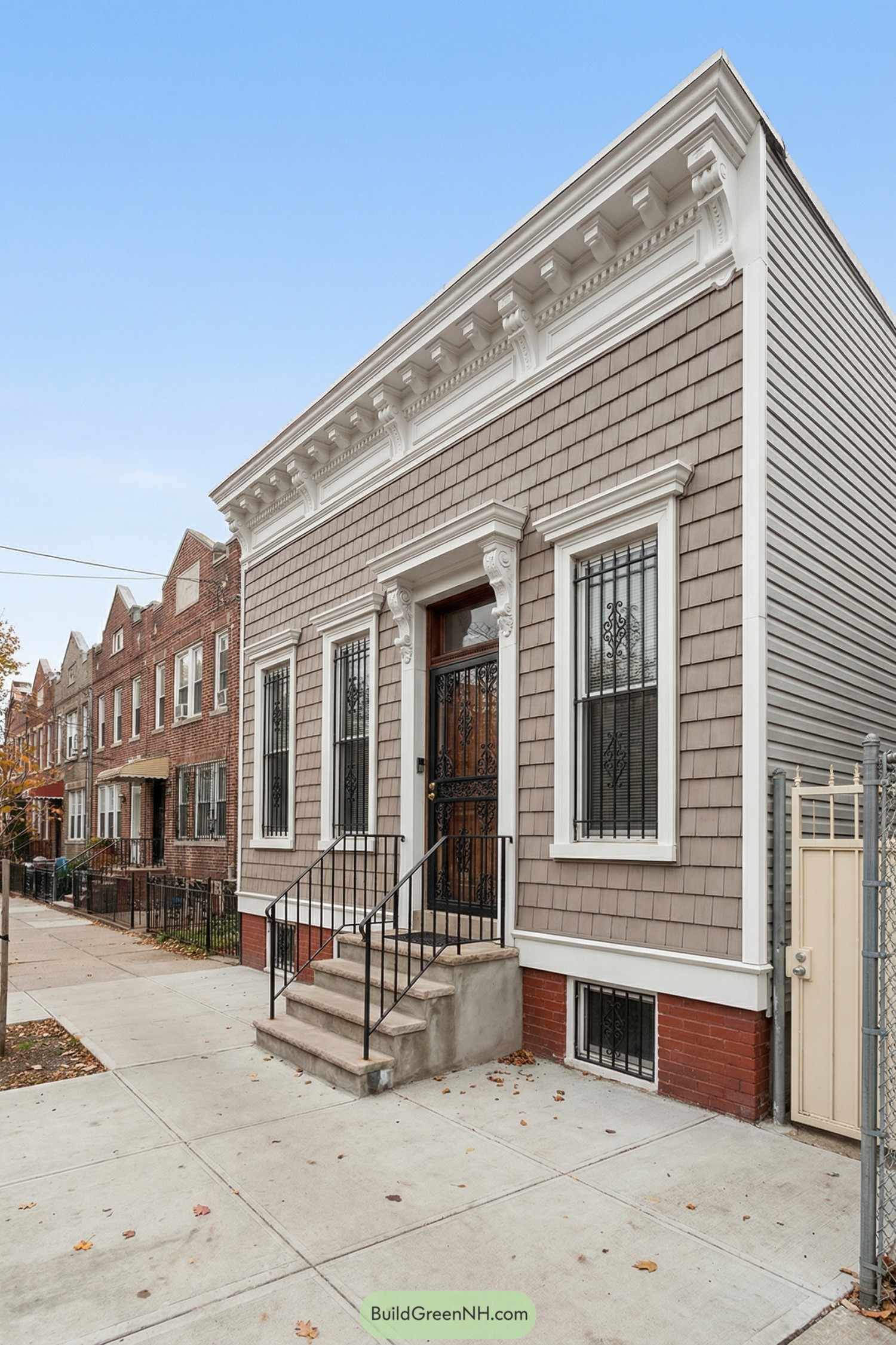 Single-story New York rowhouse with gray shingle siding, ornate white cornice, and metal-grilled windows along the sidewalk