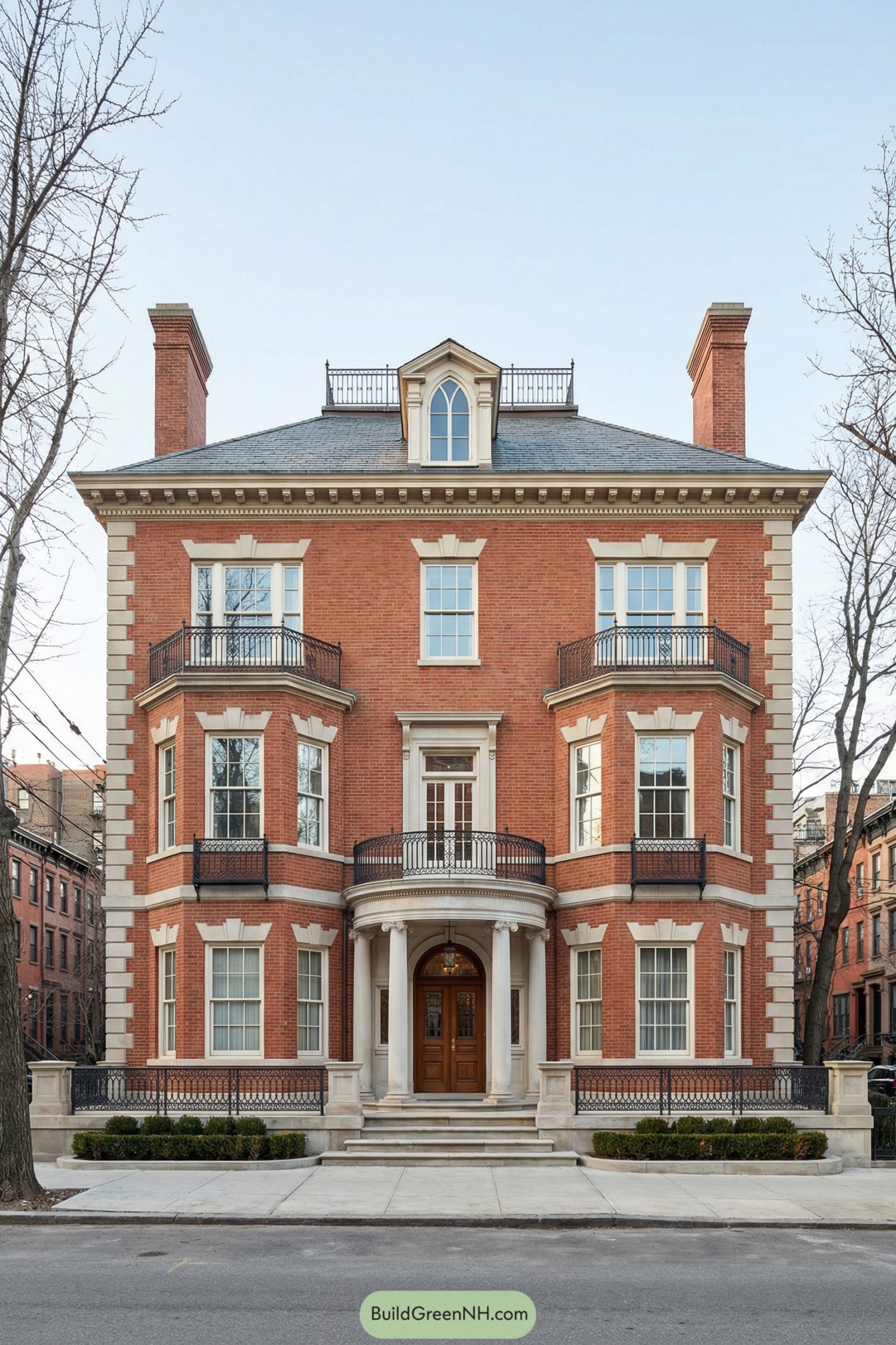 Redbrick townhouse with rounded portico and classic detailing