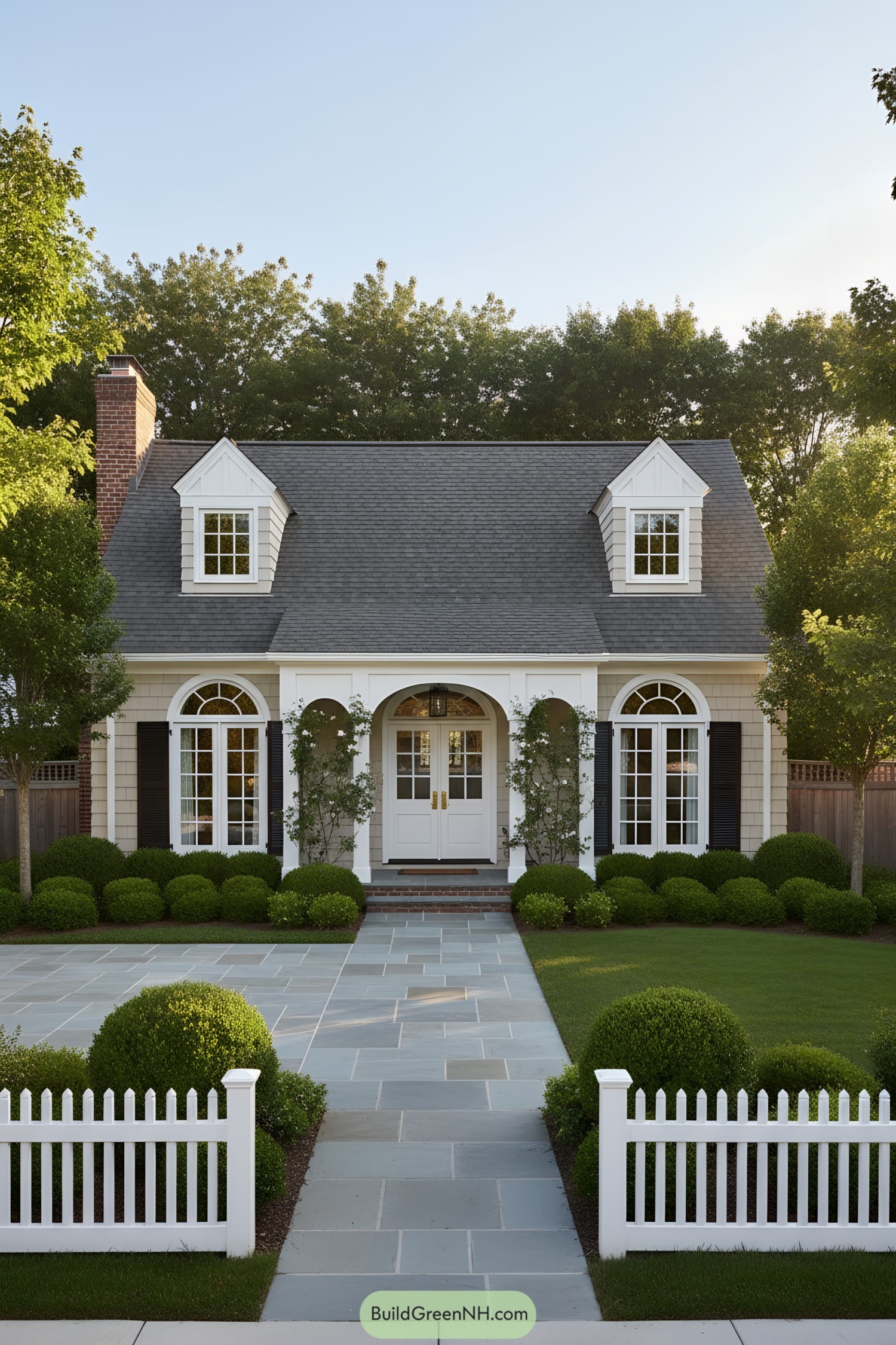 White clapboard cottage with arched porch and dormers